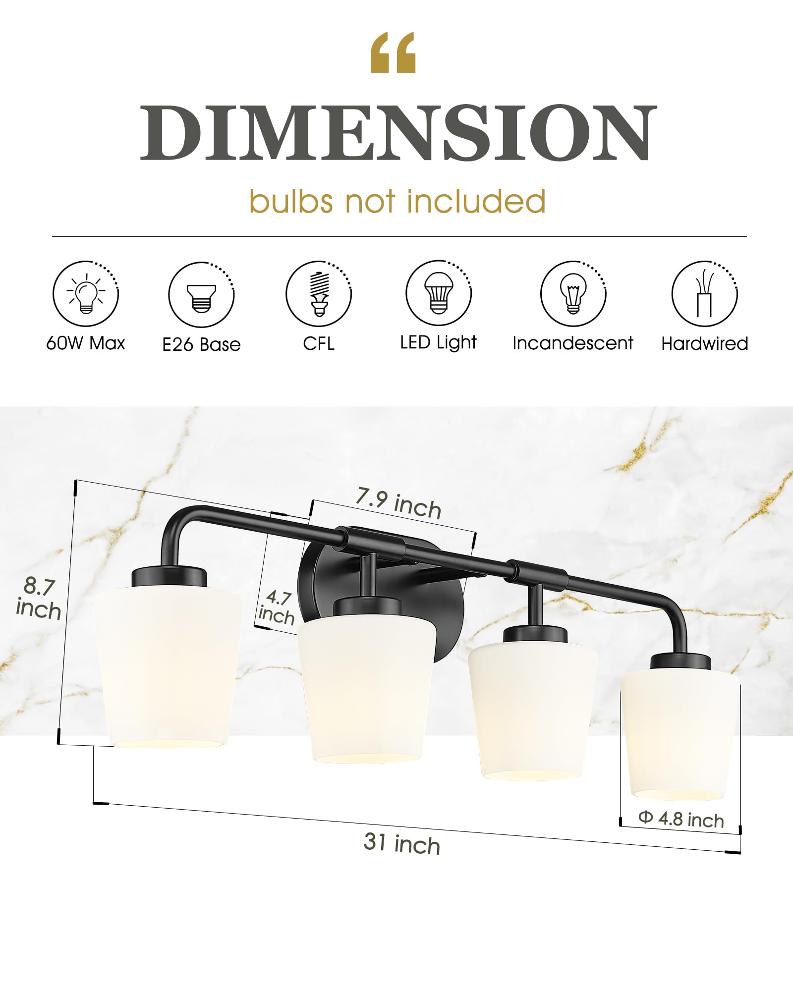 Audickic Bathroom Light Fixtures Over Mirror, 4-Light Matte Black Vanity Lighting Fixtures With Milk White Glass, Vintage Farmhouse Wall Sconces Lighting, Ad-22004-4W-Bk