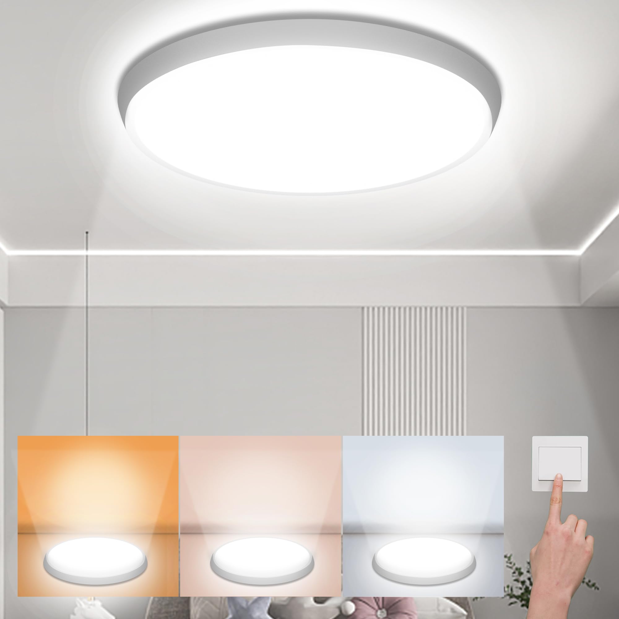 DODOPEN Modern LED Ceiling Light Fixture, 24W, 12inch, Adjustable Color Temperature, Round White, Model sskg