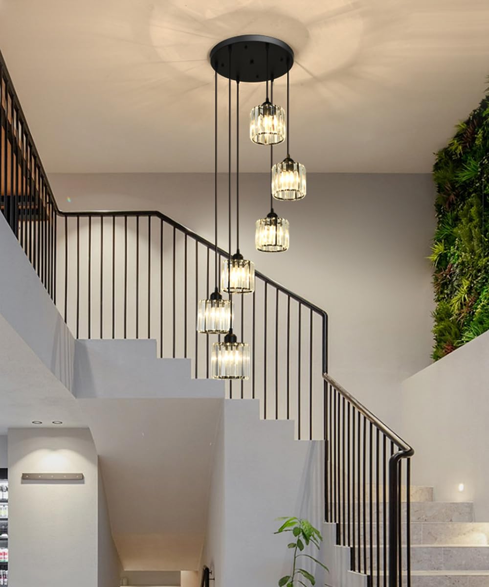 Meimond Long Chandeliers For High Ceilings Modern Crystal Pendant Light Raindrop Drop Lamp Hanging Flush Mount Lighting Fixtures For Spiral Staircase Foyer Entryway Living Room Black (6 Lights)