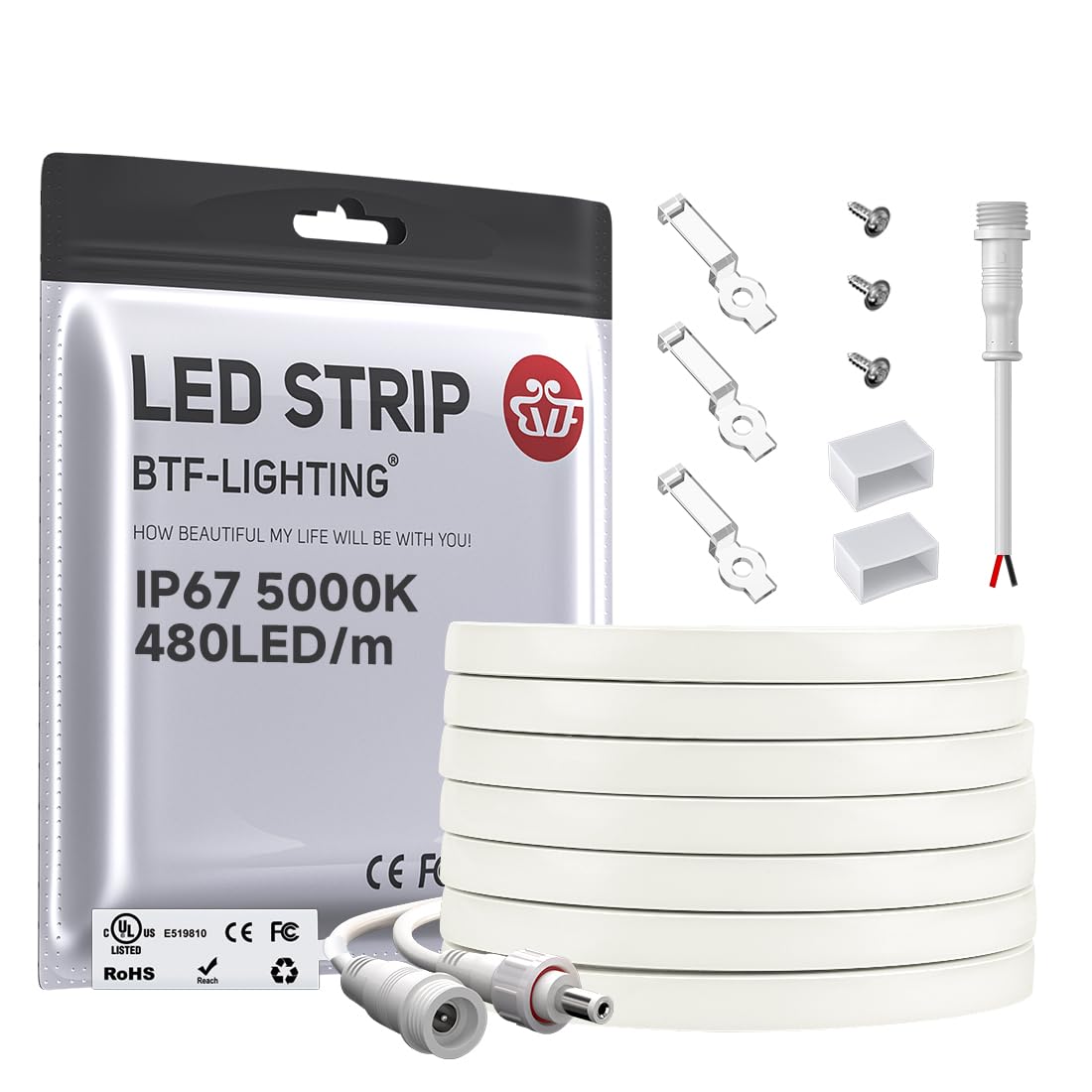 Btf-Lighting Fcob Cob Led Strip Flexible High Density Uniform Light 9W/M 16.4Ft Dc12V Daylight White 5000K 480Leds/M Cri 90+ 8Mm Ip67 Waterproof Width Dimmable Led Ribbon(No Adapter Or Controller)