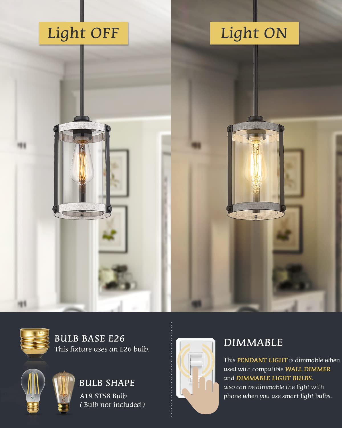 Osimir Farmhouse Pendant Light Fixtures, 1-Light Rustic Oak White Pendant Light Fixtures, Mini Glass Hanging Lighting With Rod F