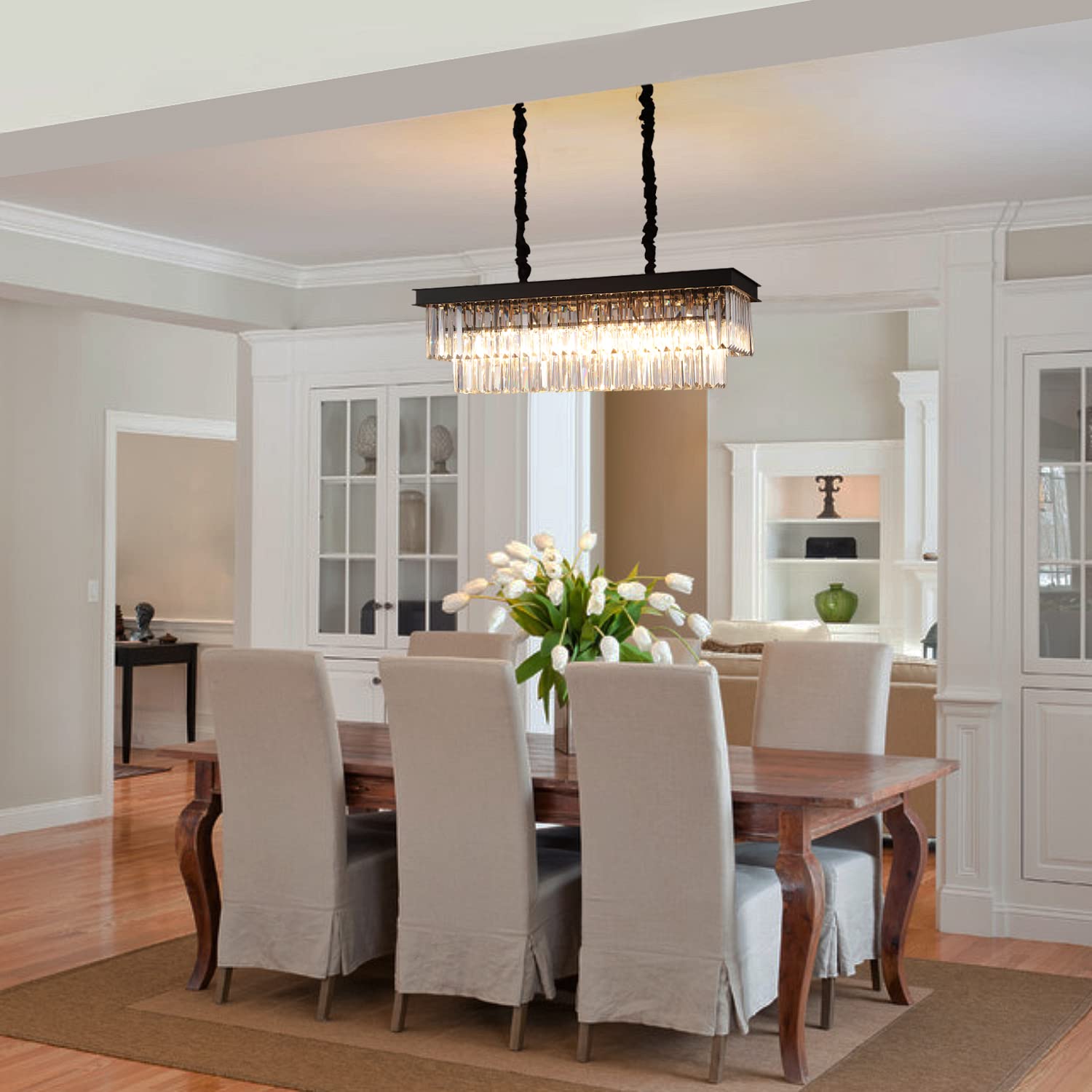 A AXILIXI Rectangular Black Crystal Chandelier, 33” Stainless Steel Pendant Light for Dining Room & Kitchen Island