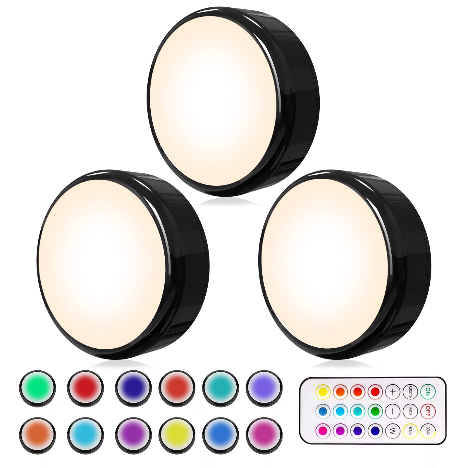 Helplex Puck Lights With Remote, Colors Changeable Led Puck Light Battery Powered Dimmable Under Cabinet Lights Wireless Under C