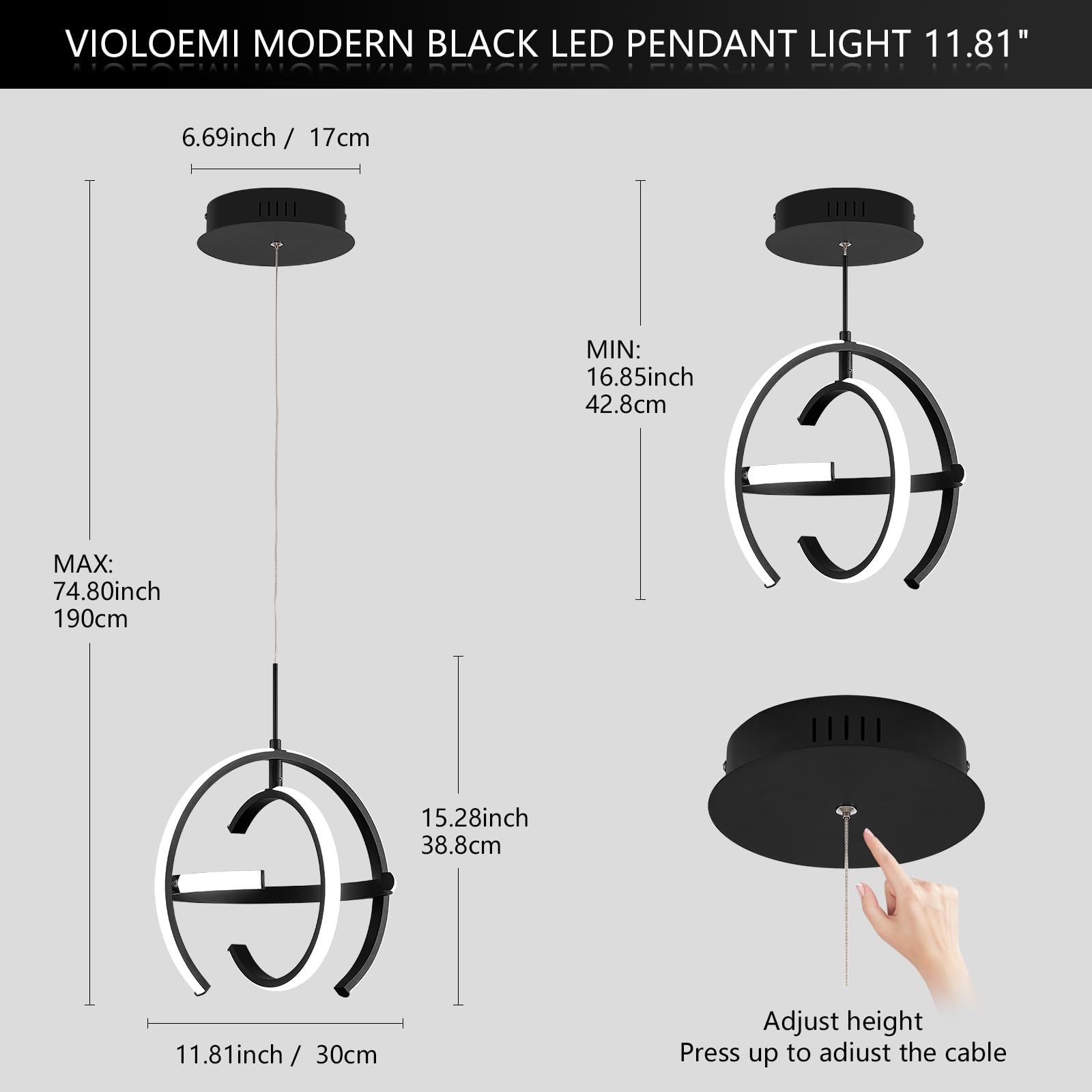 VIOLOEMI LED Chandelier, Modern Black Pendant Light Fixture, 11.81 Inch Globe Ring for Dining Room, Kitchen, Entryway - Model 3019-BK30