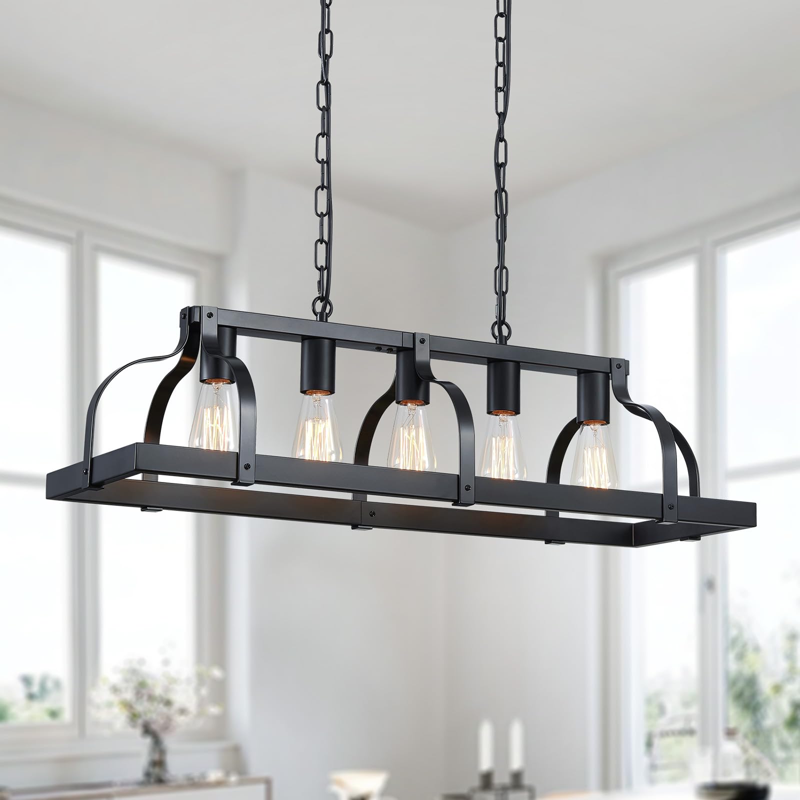 WUZUPS 5-Light Metal Chandelier Linear Pendant Ceiling Lighting Rustic Farmhouse Fixture Kitchen Island Dining Room, H 8.5 L 31.
