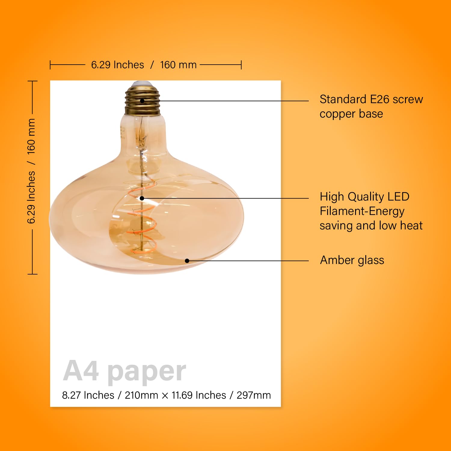 Whfialux Oversized Decorative Led Light Bulbs Giant Vintage Edison Light Bulb Tm160 Huge Mushroom Shape Bulbs Pendant Lighting Amber Glass 2200K Warm White 6W Dimmable 250Lm(40W Eq.) E26 Base (Tm160)