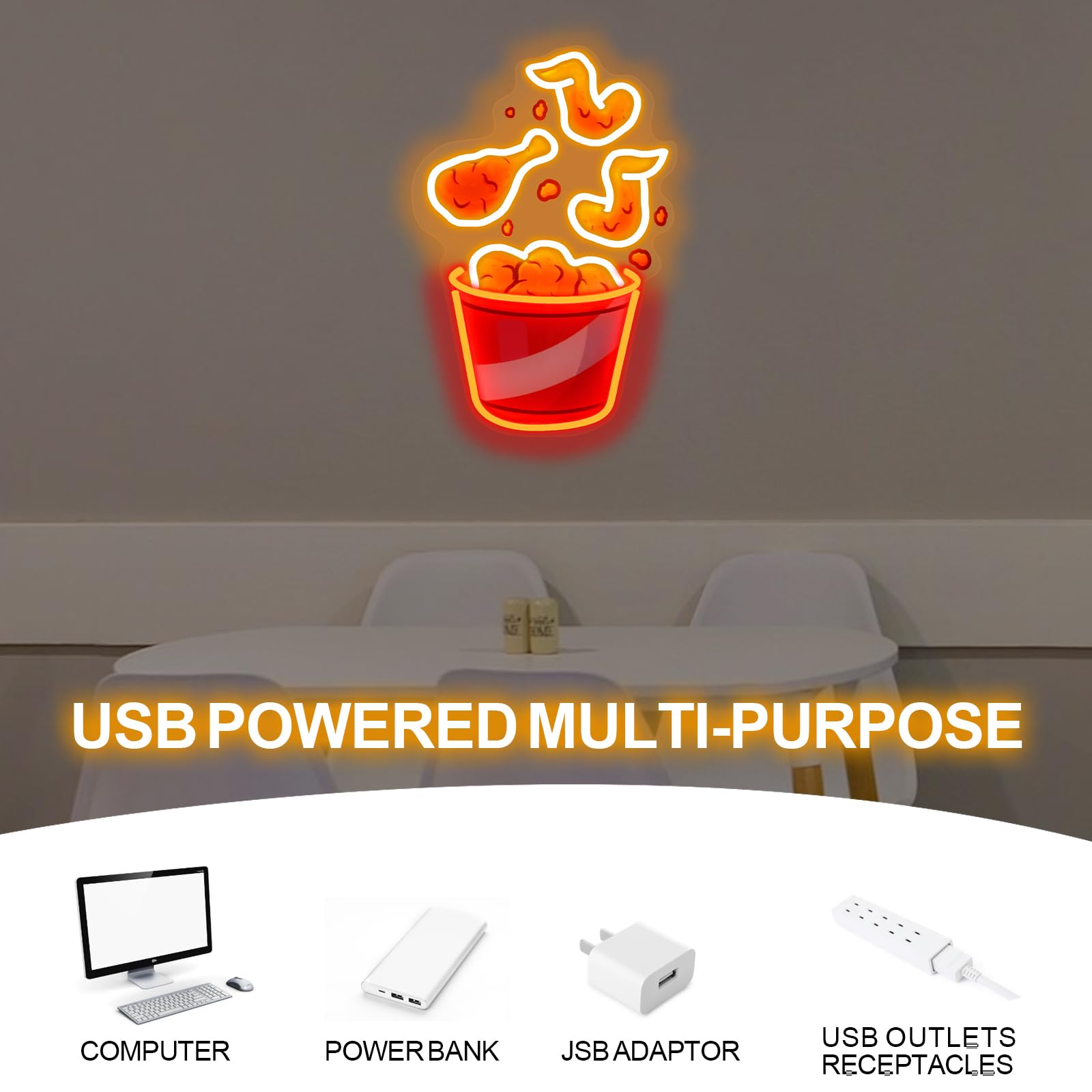 mllusxg Fried Chicken Neon Sign LED Light USB Powered Dimmable Small Retro Decor