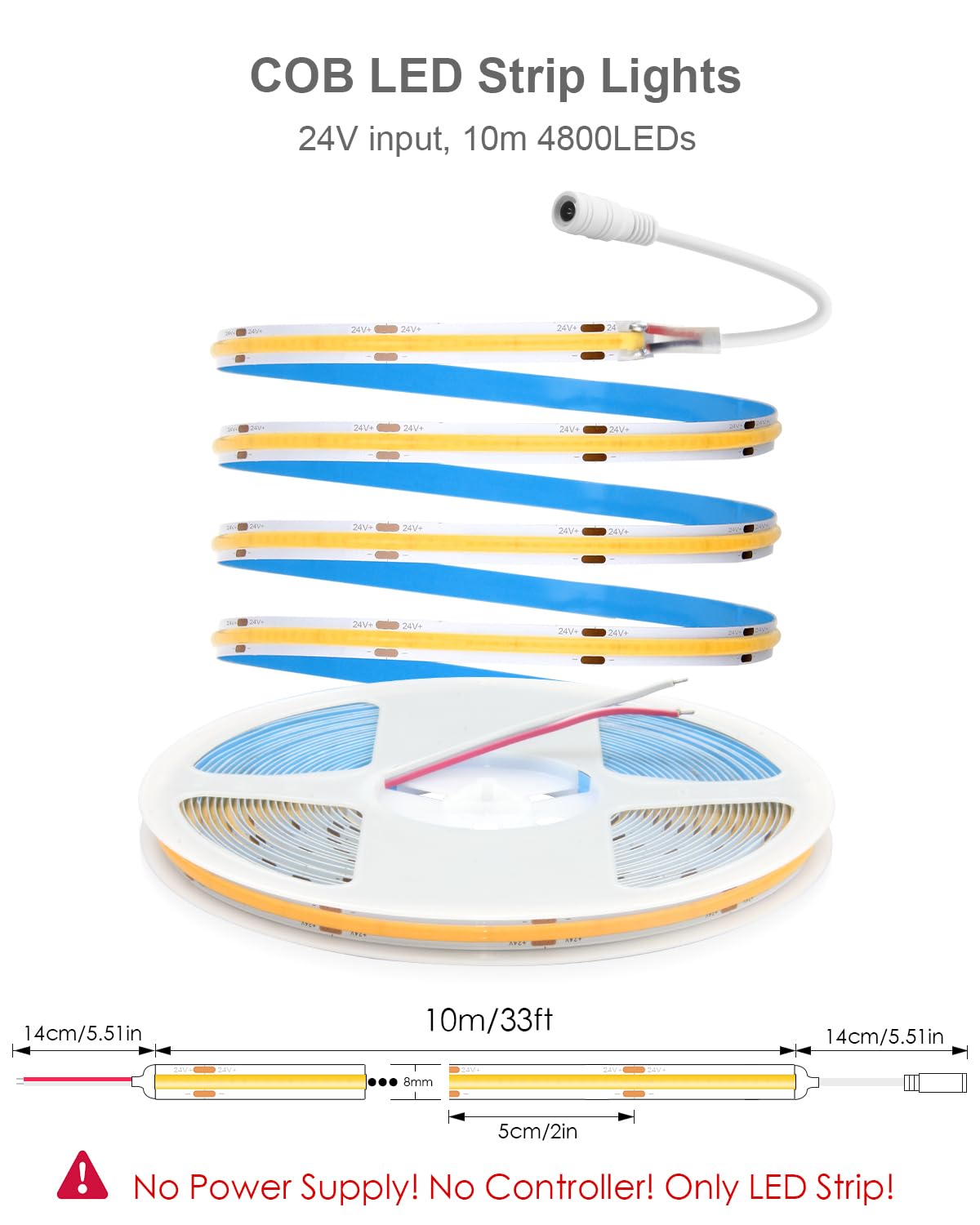 ALITOVE COB LED Strip Lights 32.8ft Warm White 3000K 24V Flexible Dimmable 480 LEDs/M Model 24V-10M-COB480-W