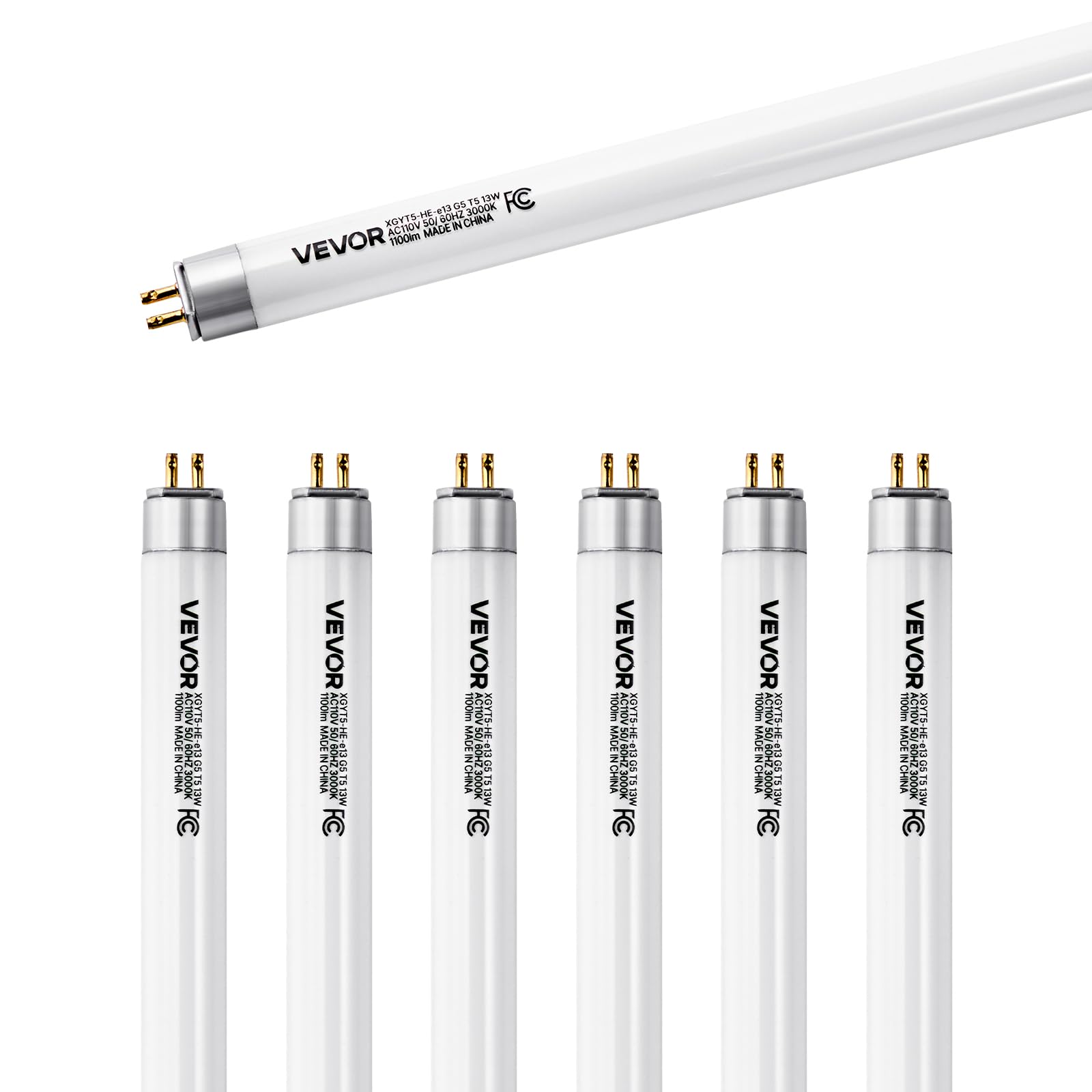 VEVOR 6 Pack T5 Fluorescent Light Bulbs, 21-Inch Linear, Fluorescent Tube Lamp with 3000K Warm White, 13 Watts, G5 Bi-Pin Base,
