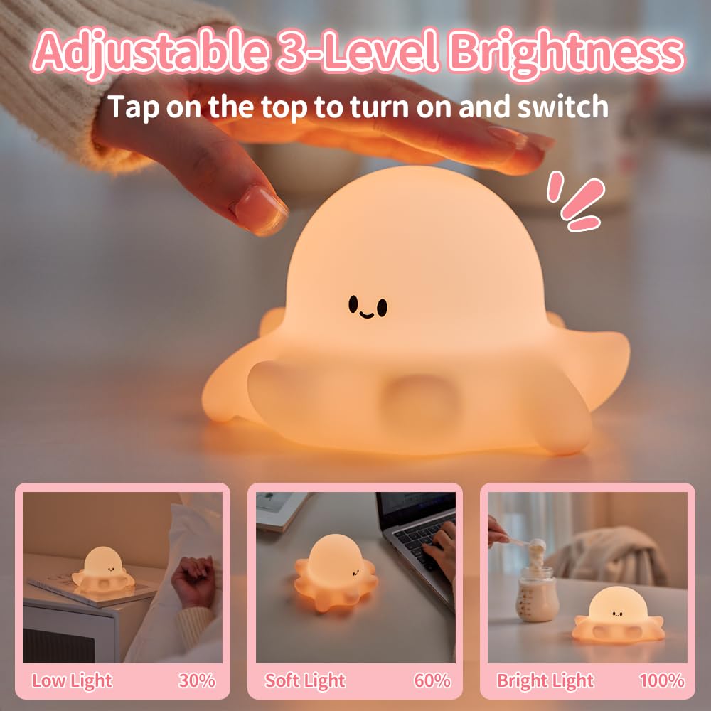 Baby Octopus Silicone Night Light, Novel and Interesting Silicone Nursery Night Lamp, Adjustable Rechargeable Table Bedside Lamp