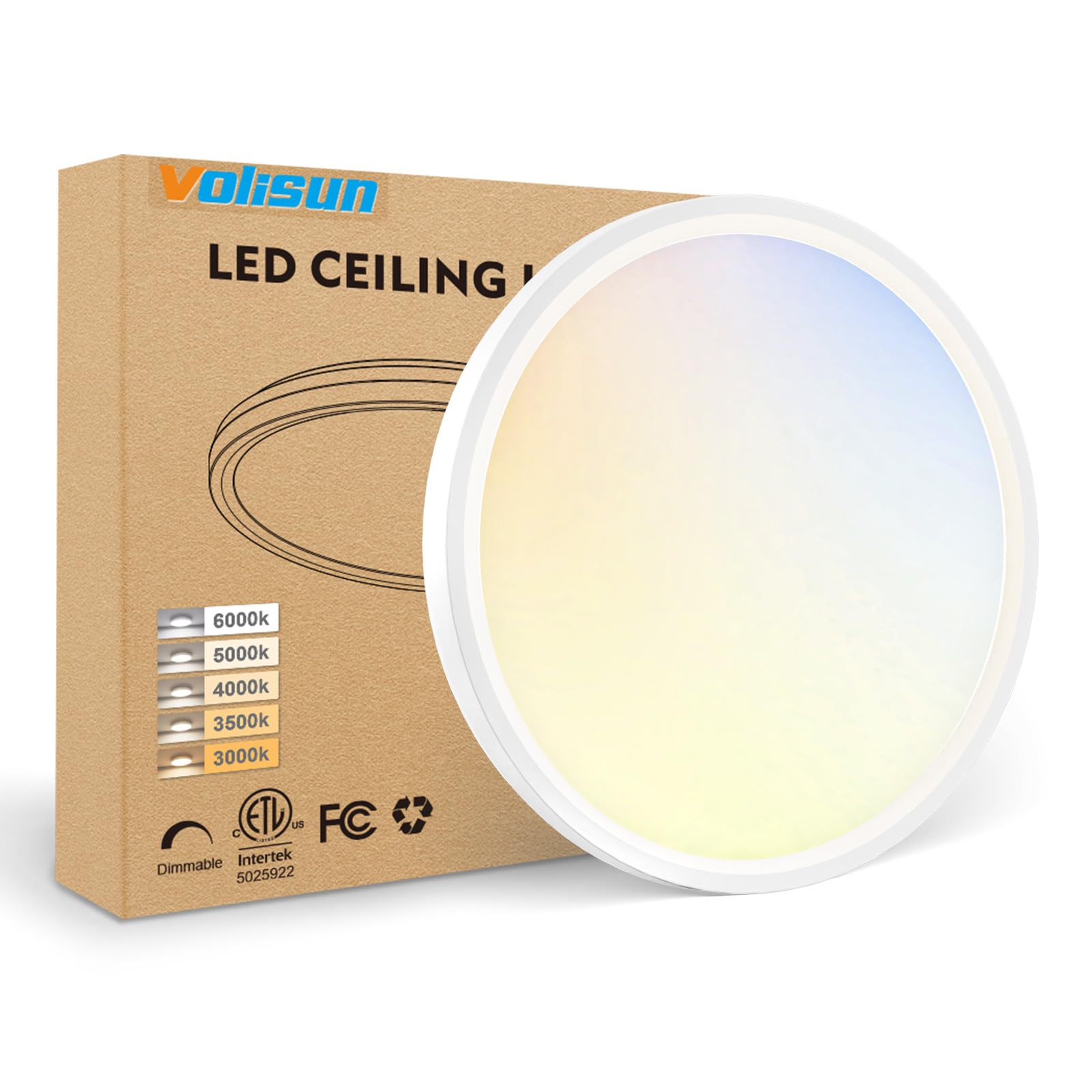 VOLISUN 12 inch 5 CCT LED Flush Mount Ceiling Light, Dimmable Ultra-Thin LED Ceiling Light Fixture, 3000K-6500K Selectable, 24W
