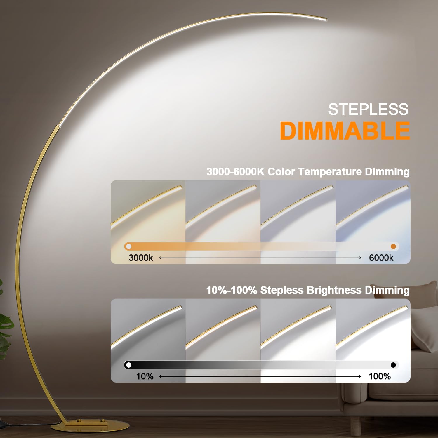 Torondo Dimmable Led Floor Lamp With 3 Color Temperatures, Ultra Bright 2000Lm Gold Arc Floor Lamp, Modern Standing Tall Lamp Wi