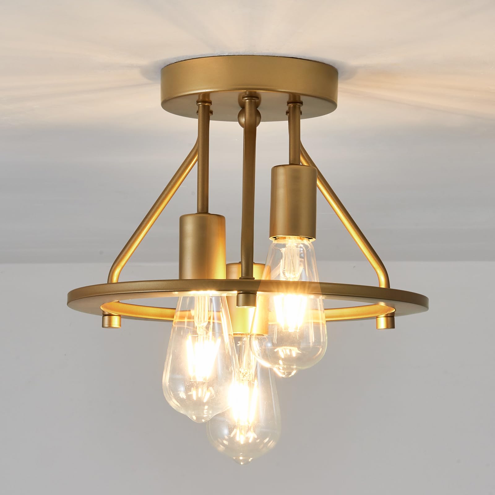 Qgiytp Gold 3-Light Semi Flush Mount Ceiling Light Fixture Metal Farmhouse Vintage Chandelier Circle Ceiling Lamp For Bathroom Kitchen Dining Room Laundry Room Foyer Closet Stairwell