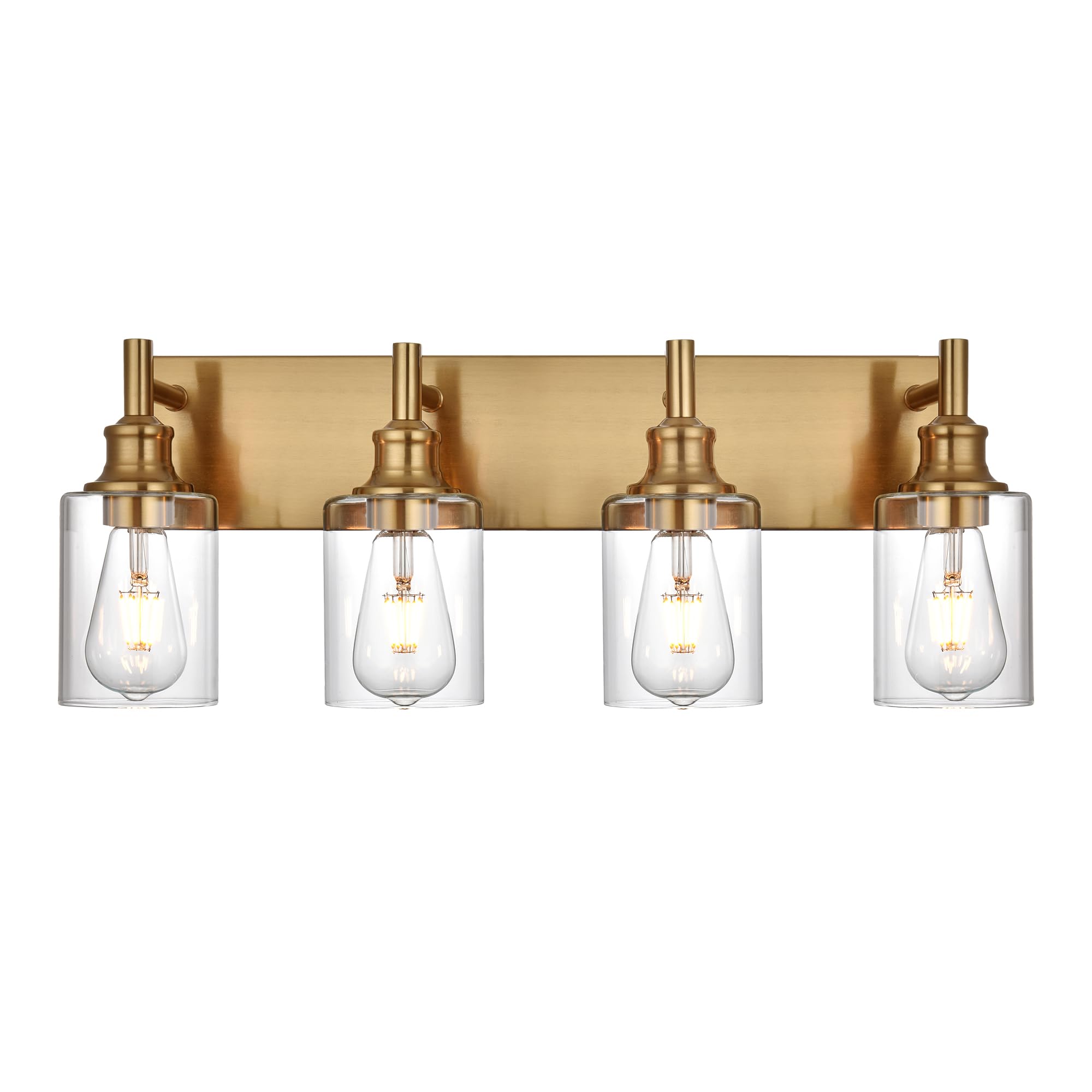 Wanluce 4 Light Vintage Brushed Brass Bathroom Vanity Light Fixtures Over Mirror With Clear Glass Shades, Farmhouse Wall Sconces