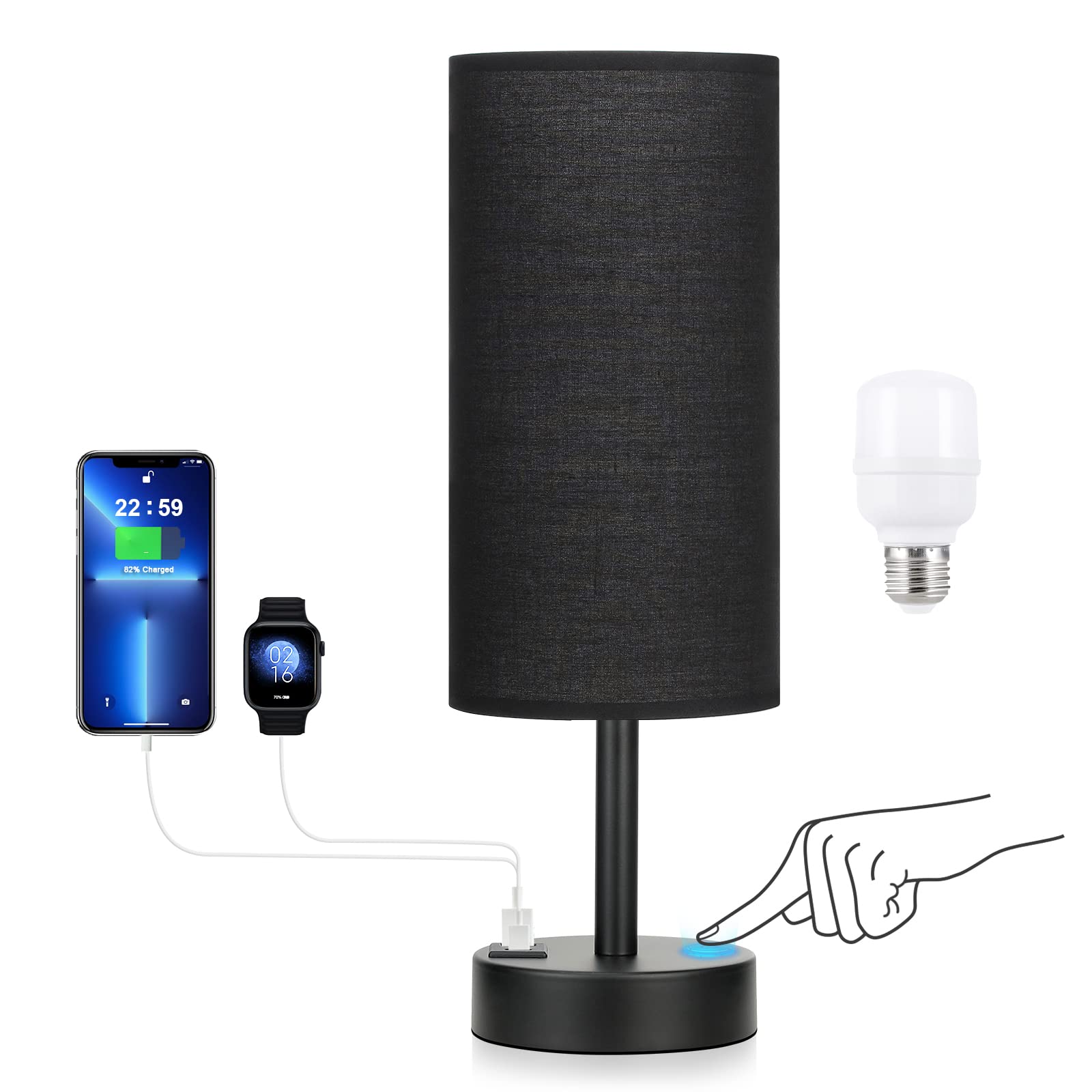 Black Touch Nightstand Lamps for Girl - Small Bedside Lamp with USB-C and USB Charging Ports, 3 Way Dimmable Control Table Lamp 