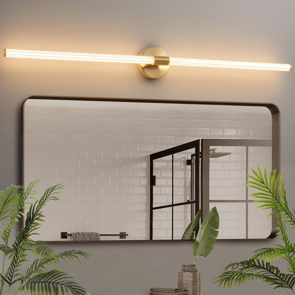 Gednbo Gold Bathroom Vanity Lights 49 Inch Long Bathroom Light Fixtures Over Mirror, Dimmable Led 360° Full Lighting Modern Vanity Light Bar Wall Sconce Warm Light For Bedroom Living Room