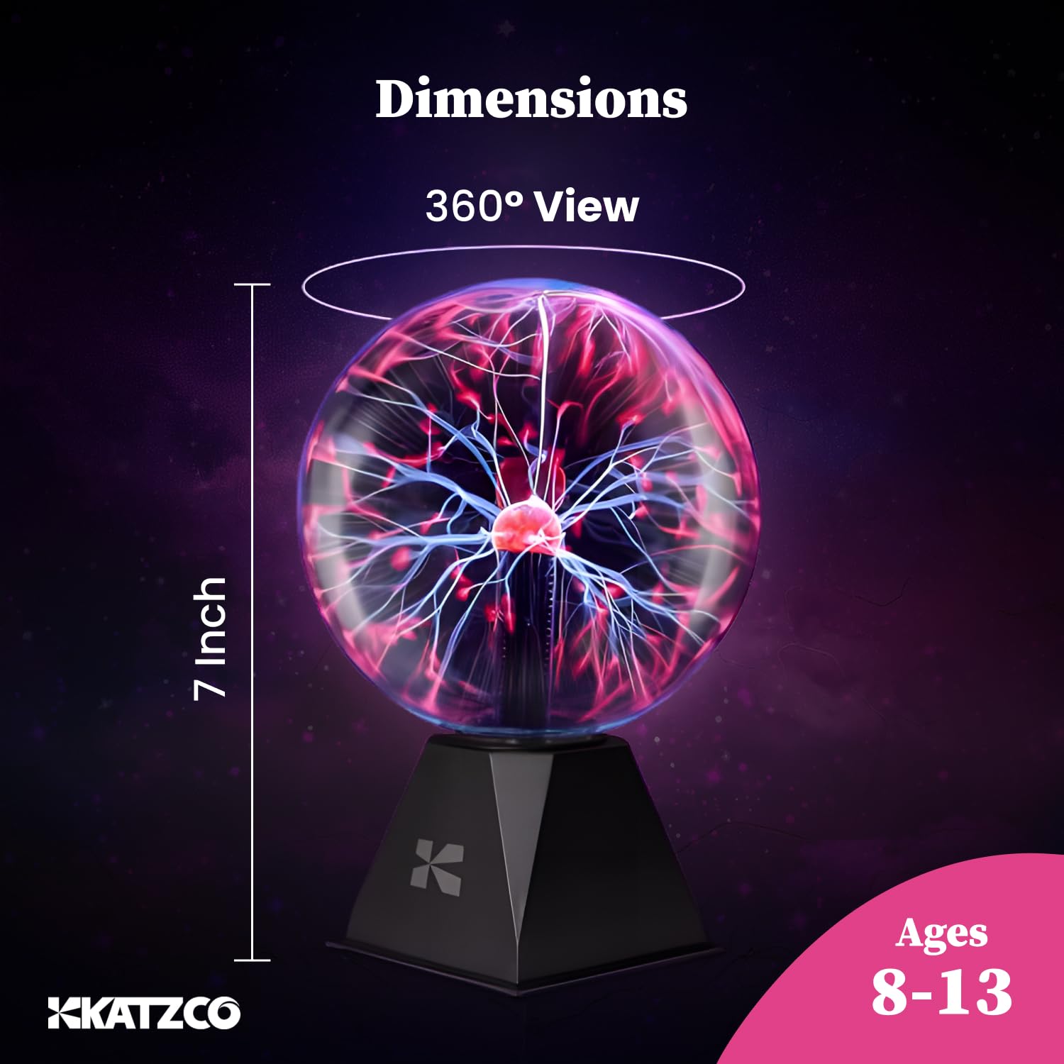 Katzco 7 Inch Plasma Ball Lamp - Touch and Sound Sensitive Electric Globe with Lightning Effects - Plug-in Energy Ball for Parti