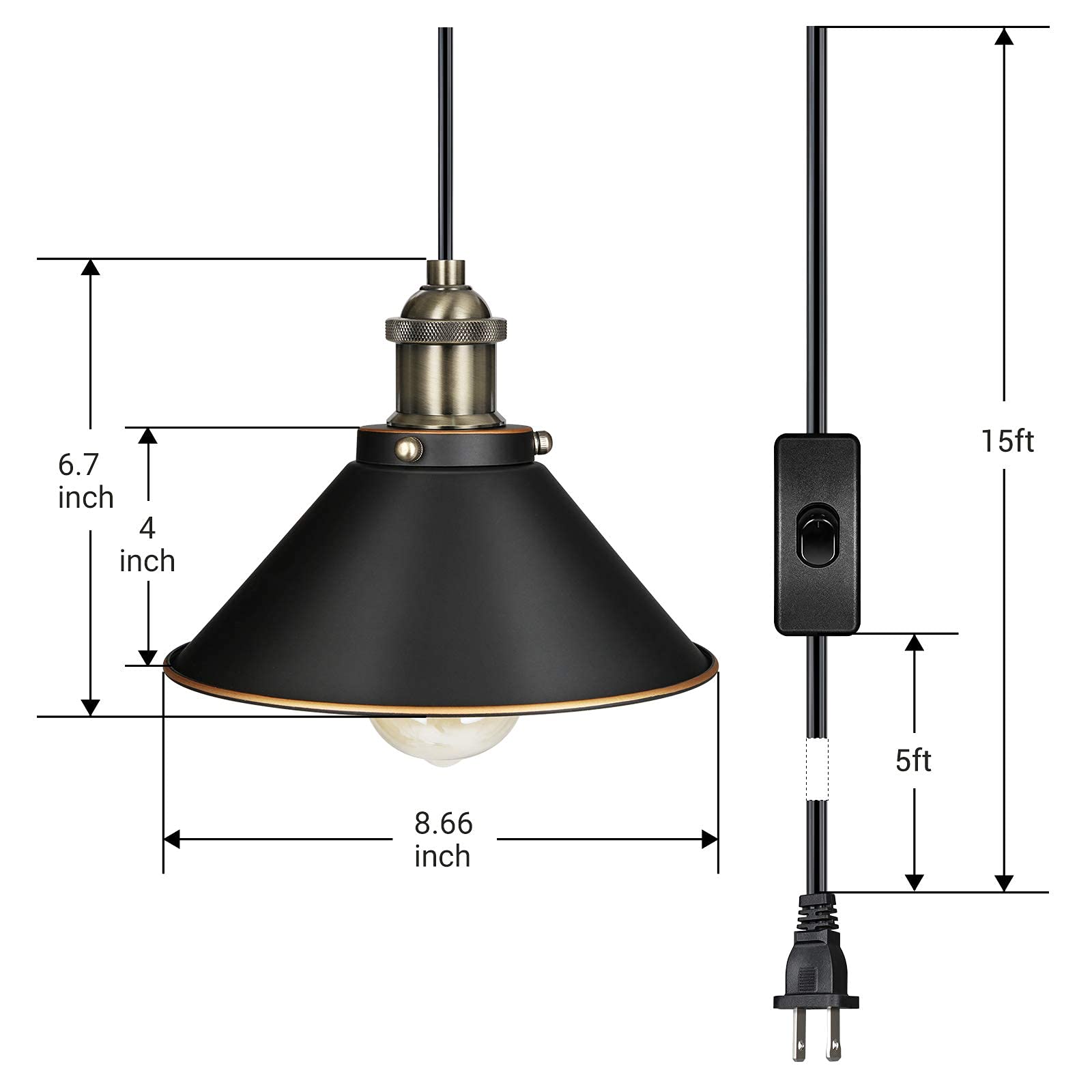 DEWENWILS 2-Pack Plug in Pendant Light, Farmhouse Hanging Lamp, Industrial Hanging Light with 15FT Cord, Black Retro Pure Copper