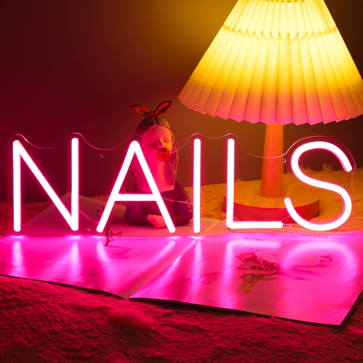 Britrio LED Neon Sign Light for Nail Spa, 15.75”L x 4.65”H, Pink, Model BR-NAILS-PINK, USB Powered with Dimmer Switch
