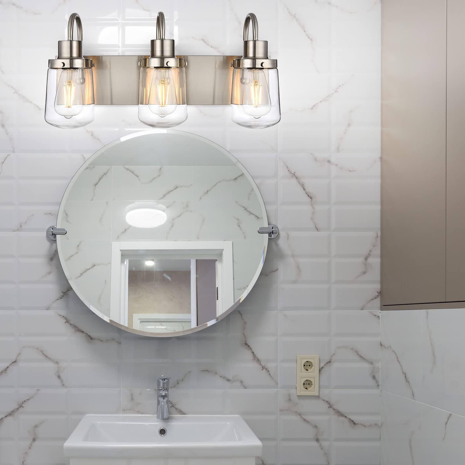 Yaohong 3-Light Satin Nickel Bathroom Vanity Wall Light Fixture With Clear Glass Shades