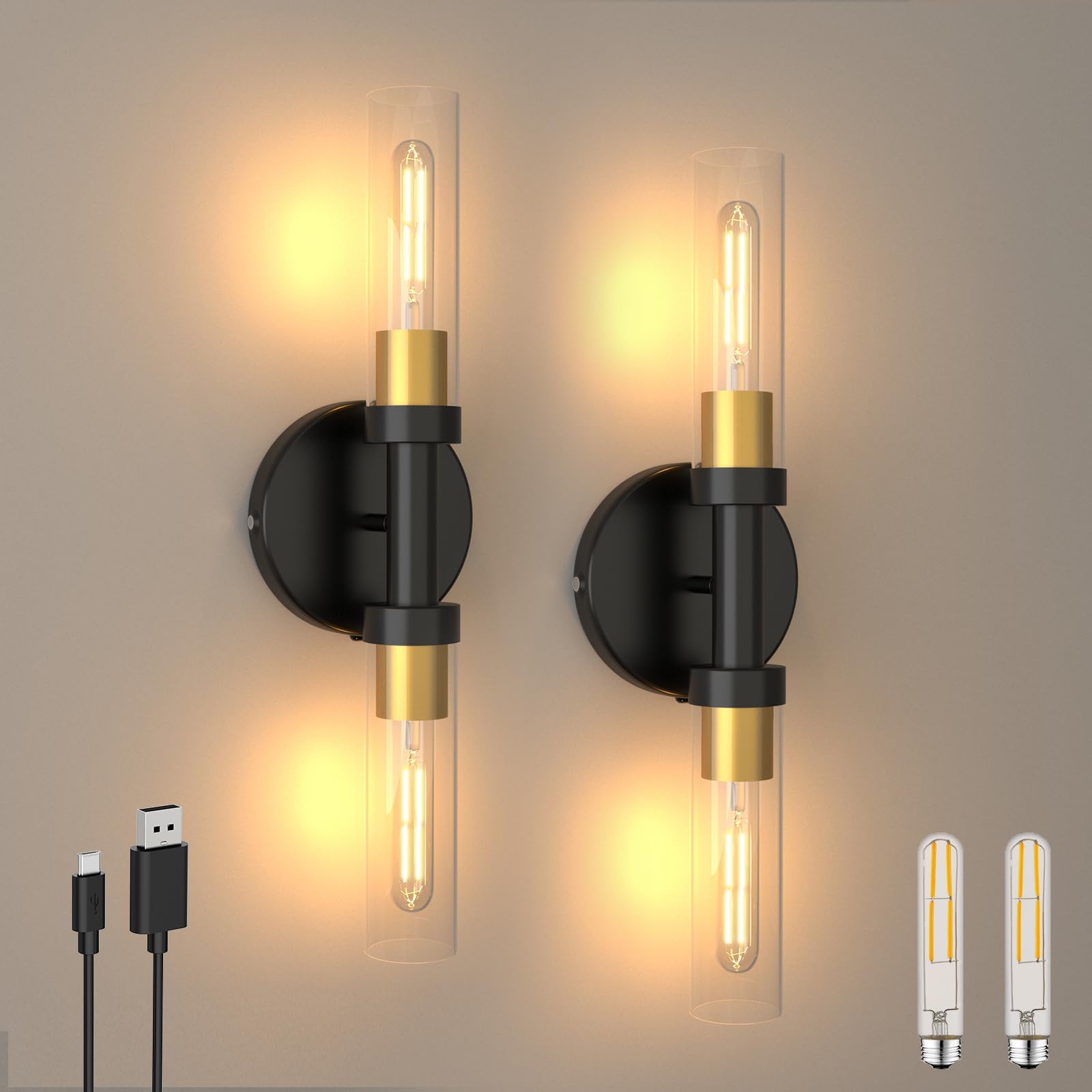 ThyFenno Rechargeable Wall Sconce Set of 2, Dimmable Touch Control, Black Gold & Clear Glass, Model TF-1T L3