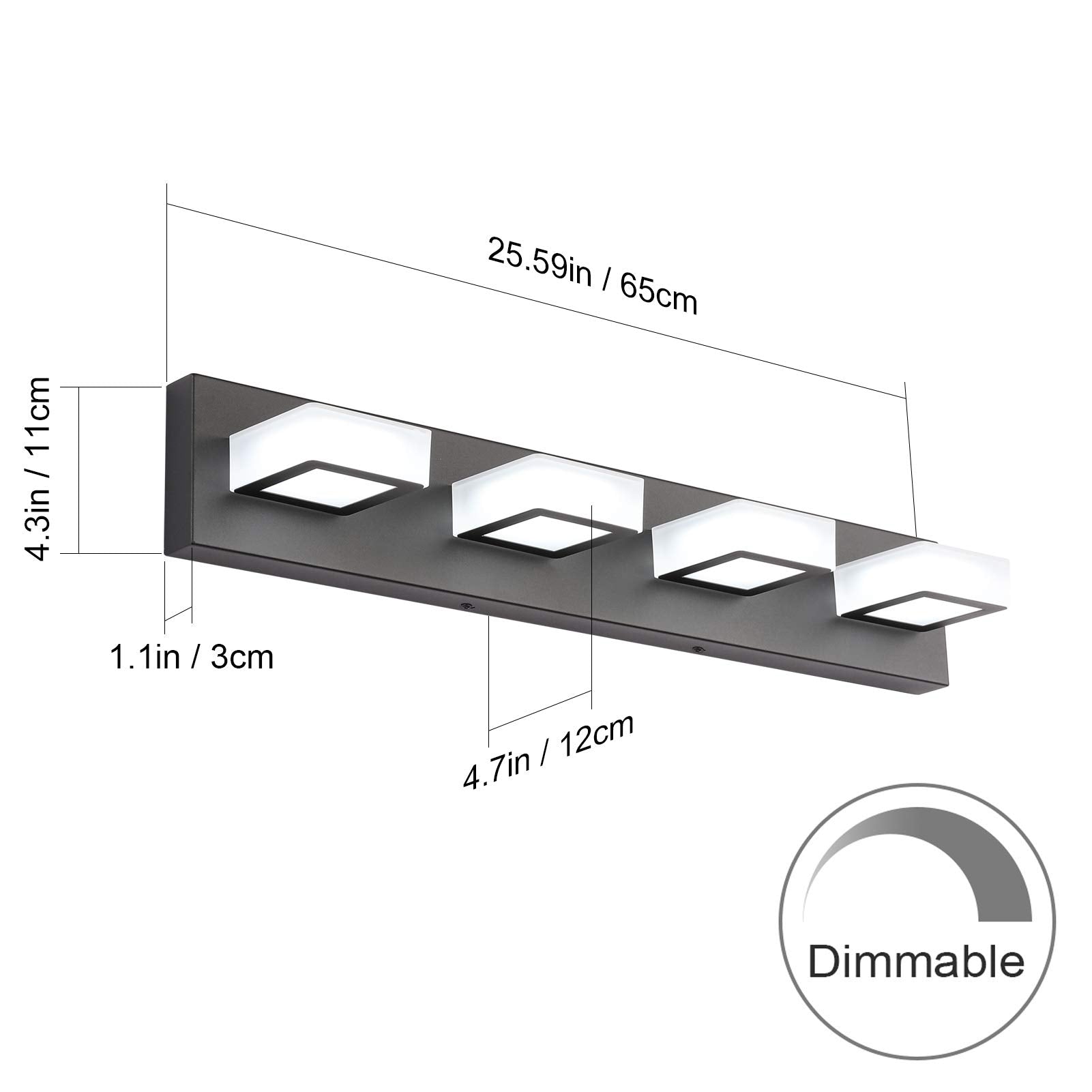 Ralbay Black Vanity Light 4-Light Dimmable LED Stainless Steel Acrylic 360° Rotatable D-8590-4T