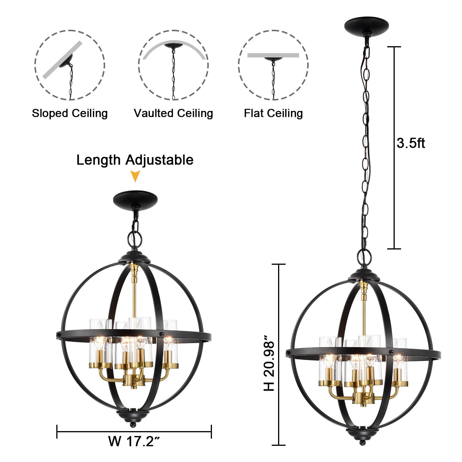 Treekee Rustic Chandelier - 17" Black & Gold 4-Light Globe Pendant Light for Living Room, Entryway, Dining Room