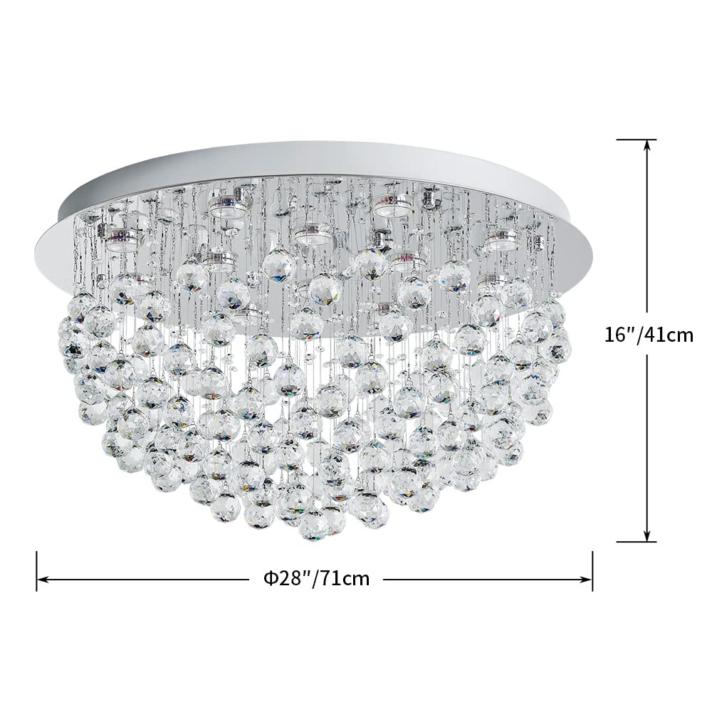 SM Saint Mossi 12-Lights Modern Chandelier, K9 Crystal Flush Mount Light Fixture, H13", Silver Finish for Bedroom, Dining Room, Living Room