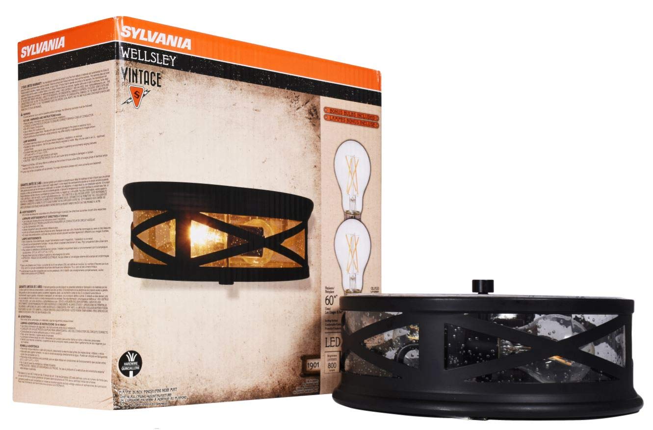 SYLVANIA Wellesley Vintage Drum Light Fixture  Antique Black Metal and Seeded Glass  2 Dimmable 60W LED A19 Bulbs Included (60063)