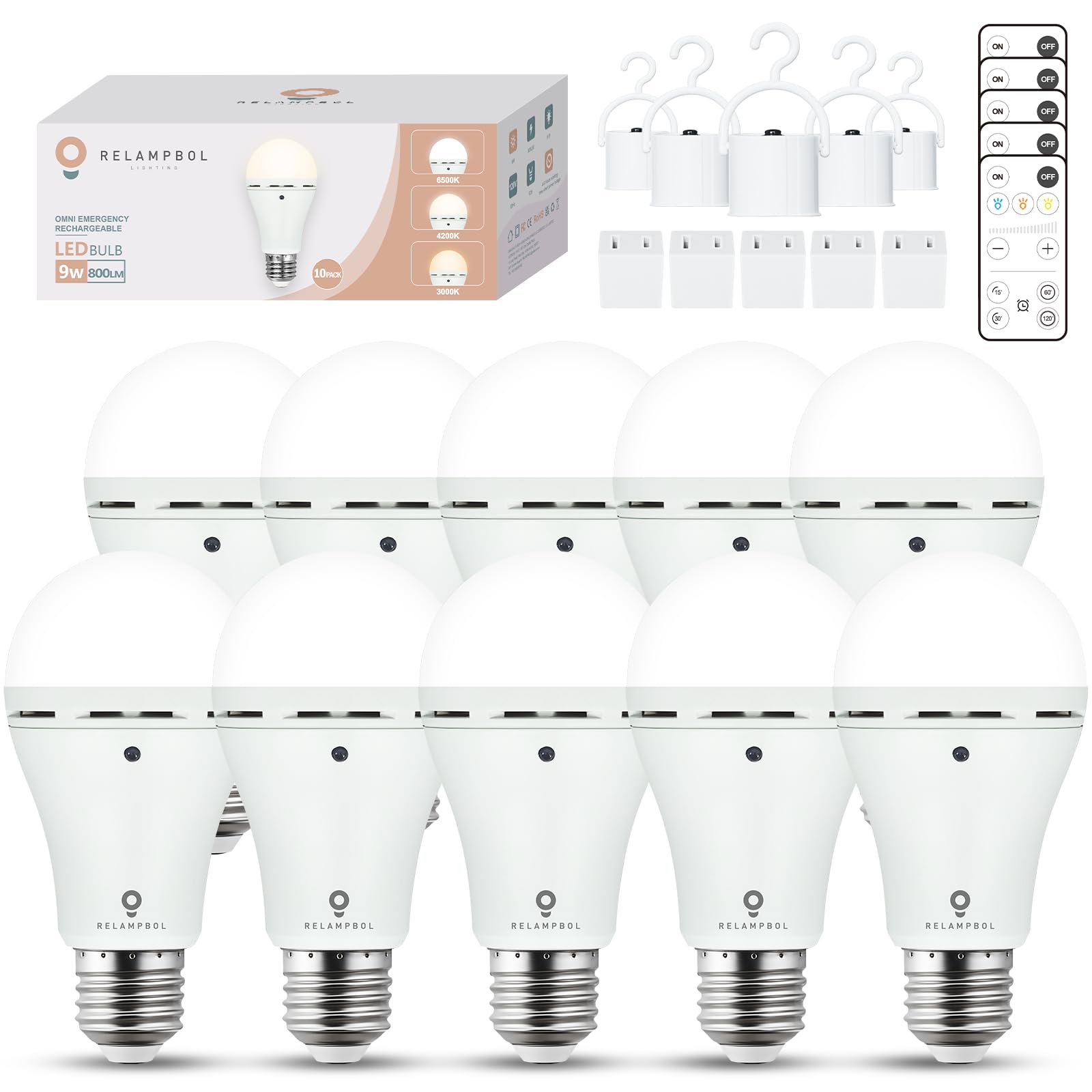 Relampbol 10 Pack Omni Rechargeable Emergency Light Bulbs With Remote, Battery Powered Wireless 3 Color Shift Dimmable A19 Up To