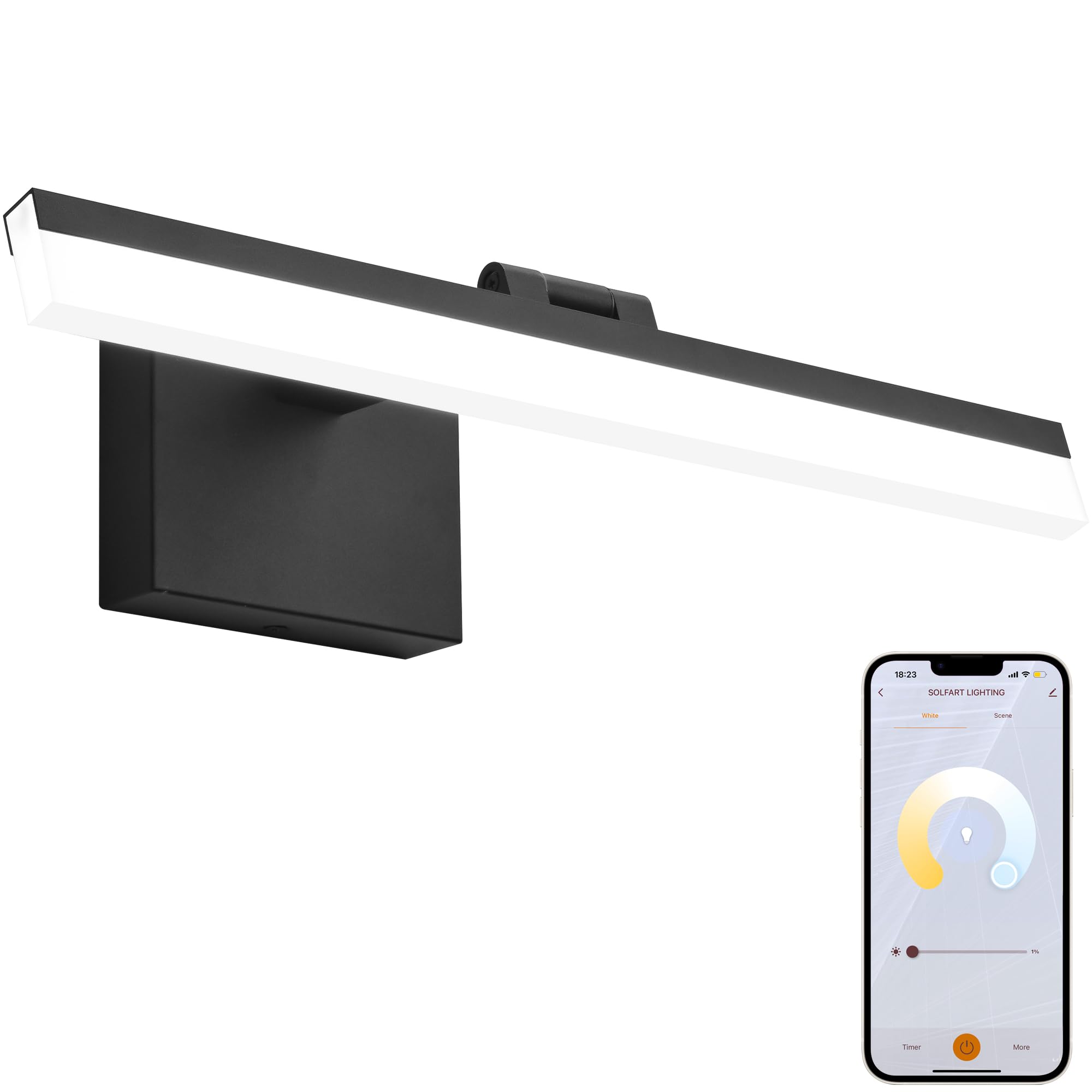 SOLFART 18 Inch LED Vanity Light Over Mirror Black Aluminum Adjustable Brightness Model 8778-457mm-6000K-APP Remote Control