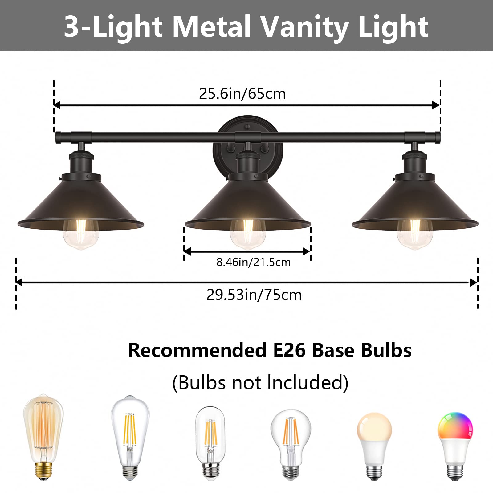 Licperron 3-Light Black Bathroom Vanity Light Fixture, Metal Shade, Wall Mounted Sconce for Bathroom Mirror or Living Room