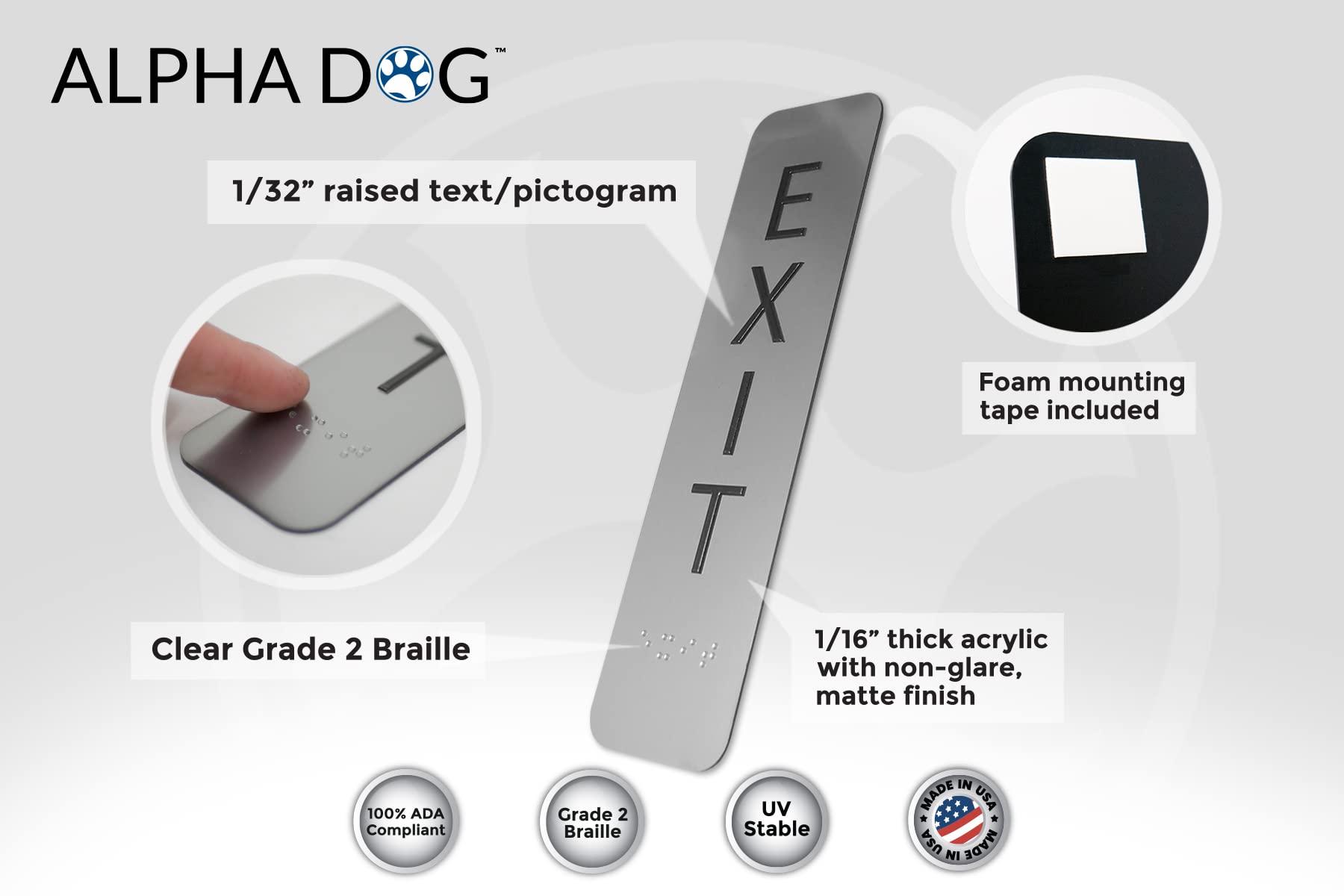 Alpha Dog Ada Signs Vertical Braille Exit Sign 8X2 Inch Ada Compliant Indoor Outdoor Business Easy Install Usa Made (Brushed Sta