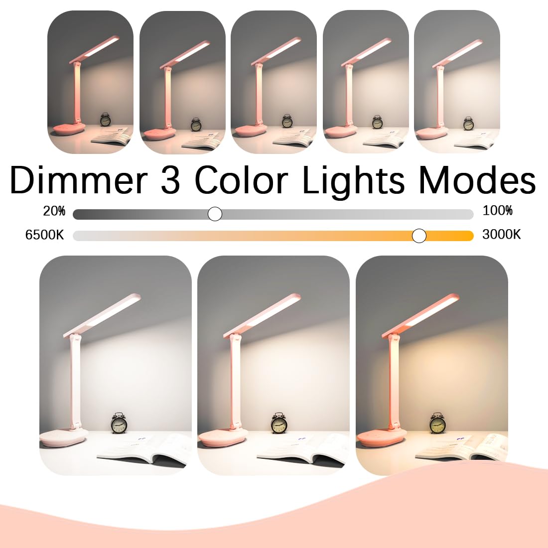 Pink Desk Lamp College Dorm Essentials For Girls, 3 Color Dimmable Reading Lamp, Battery Operated, Usb Rechargeable Powered, Cor