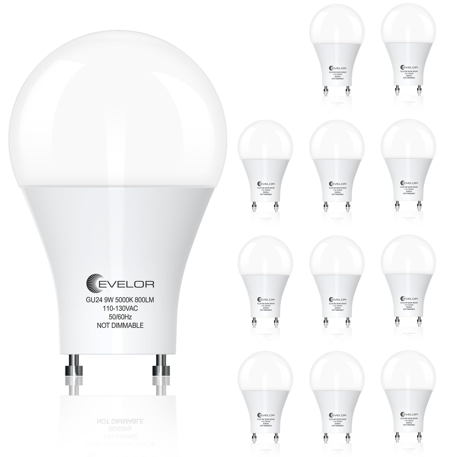 evelor GU24 LED Light Bulb,60 Watt Equivalent Daylight White 5000K,Non-Dimmable,Efficient 9W,800 Lumens Twist and Lock 2 Prong L