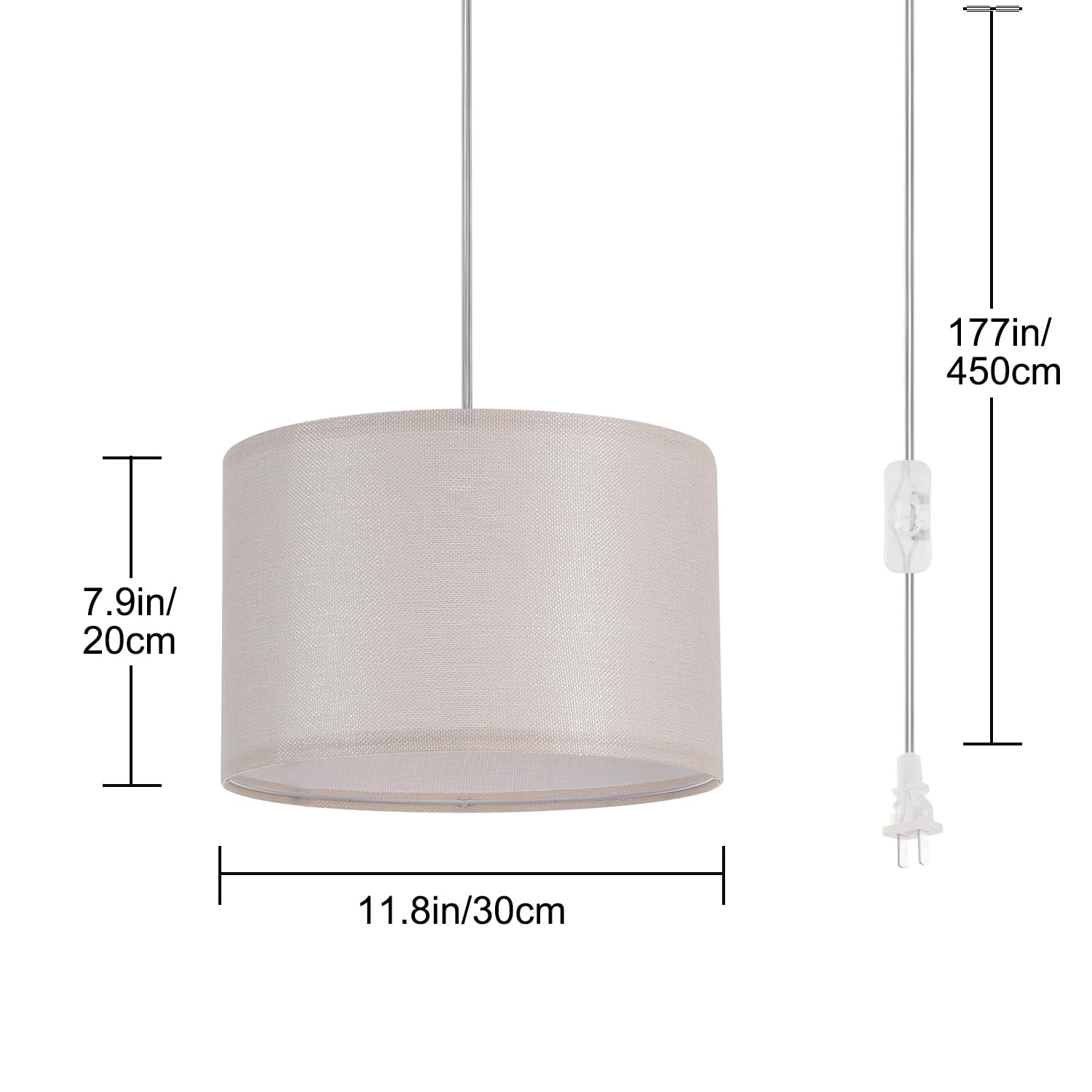 IHENGYANLT 2 Pack Plug-in Pendant Light, 15Ft Clear Cord, On/Off Switch, Beige Yellow Fabric Shade, Model P450