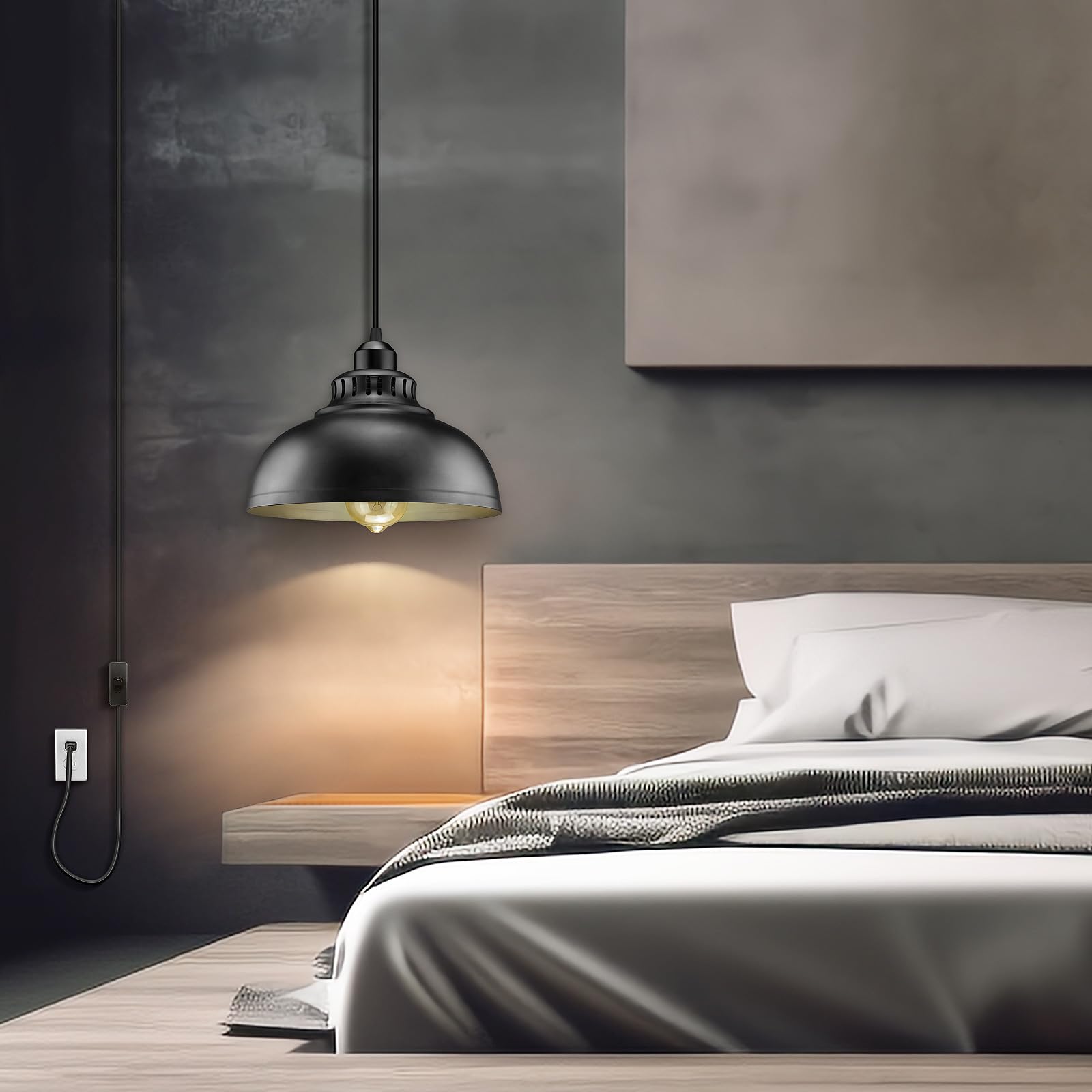 Plug In Pendant Light, 15Ft Hanging Lights With Plug In Cord, On/Off Switch, Industrial Pendant Light With Plug In Cord, Metal H