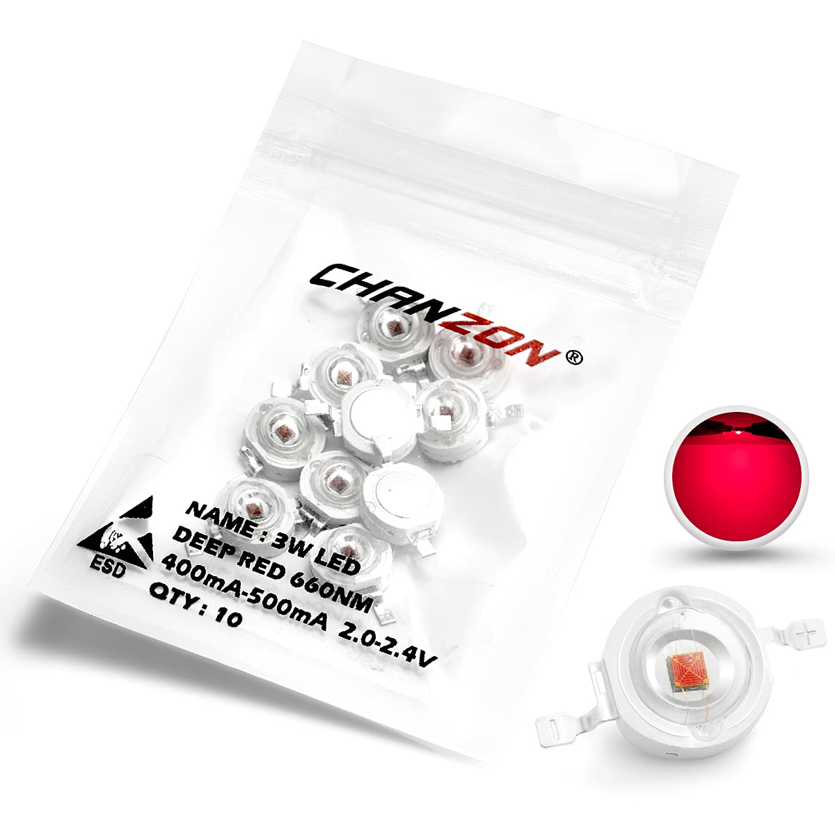 Chanzon 10 Pcs High Power Led Chip 3W Deep Red Plant Grow Light (650Nm - 660Nm / 400Ma - 500Ma / Dc 2V - 2.2V / 3 Watt) Smd Cob