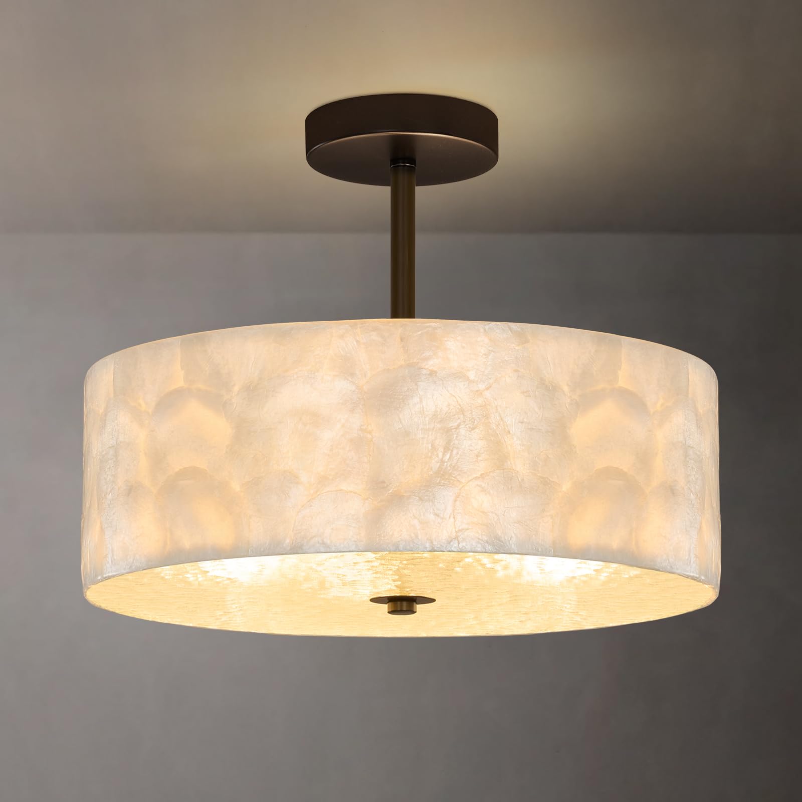Coastal Capiz Shell Ceiling Light: 15 Black Modern Drum Seashell with Hammered Glass Elegant Semi Flush Mount Ceiling Lights Fix