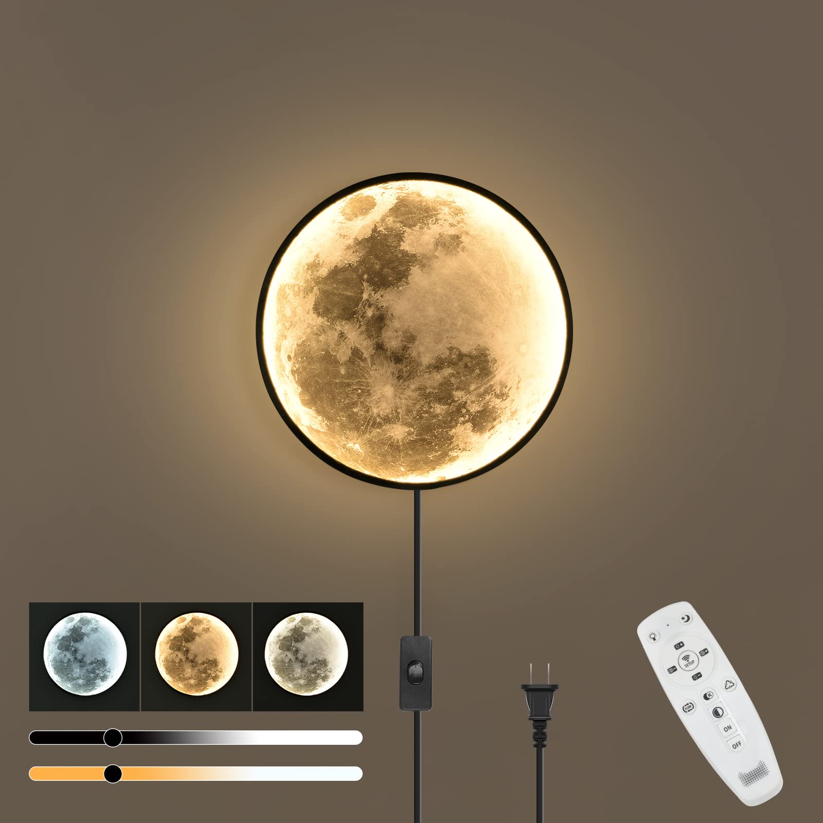 Skylumate QIYIMEILUX Dimmable Moon Wall Sconce Plug in Modern LED Wall Light with Remote Control 9.5inch 15W Black Wall Lamp Ind