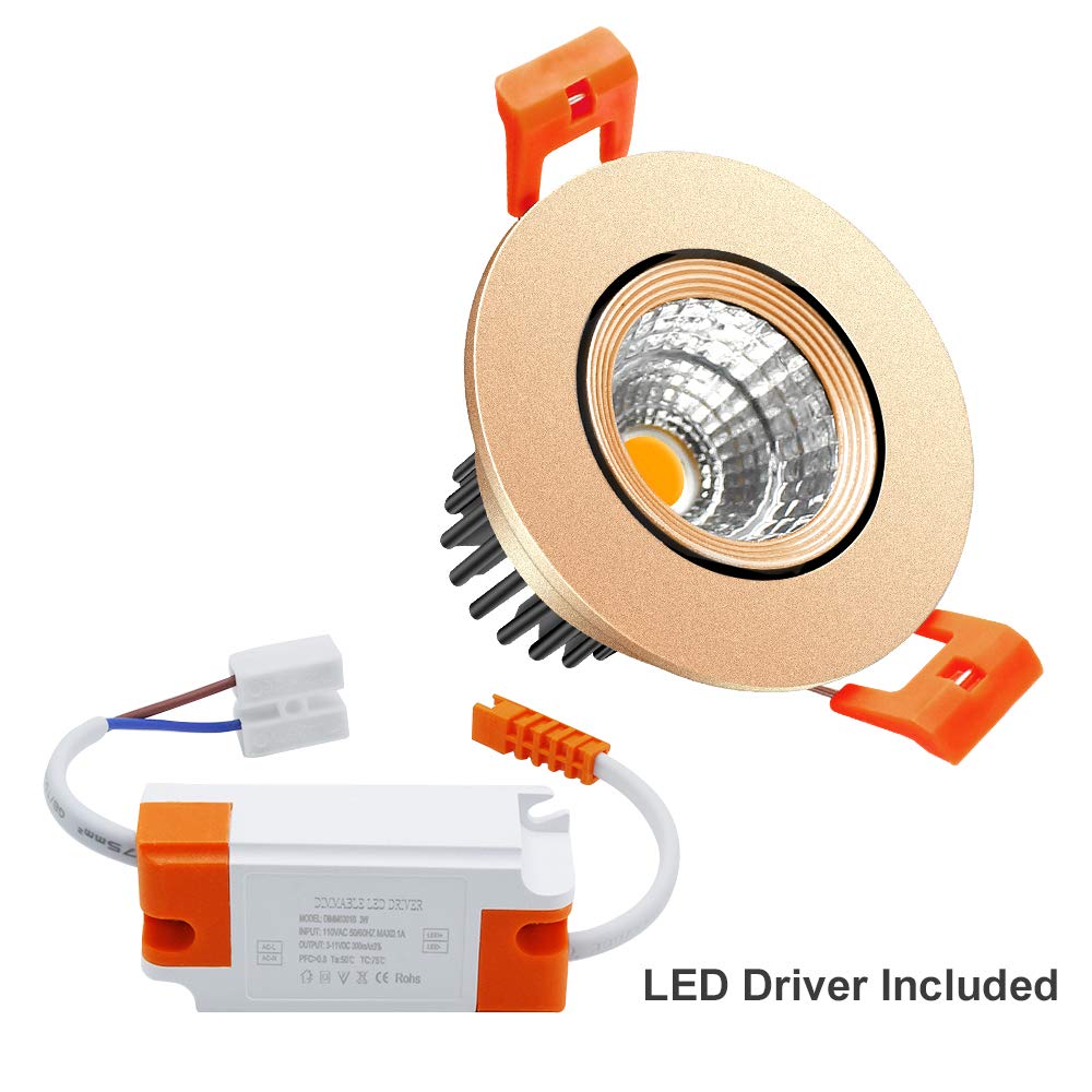 Lightingwill 2Inch Led Dimmable Downlight, 3W Cob Recessed Ceiling Light, Warm White 3000K-3500K, Cri80, 25W Halogen Bulbs Equivalent, Gold (4Pack)