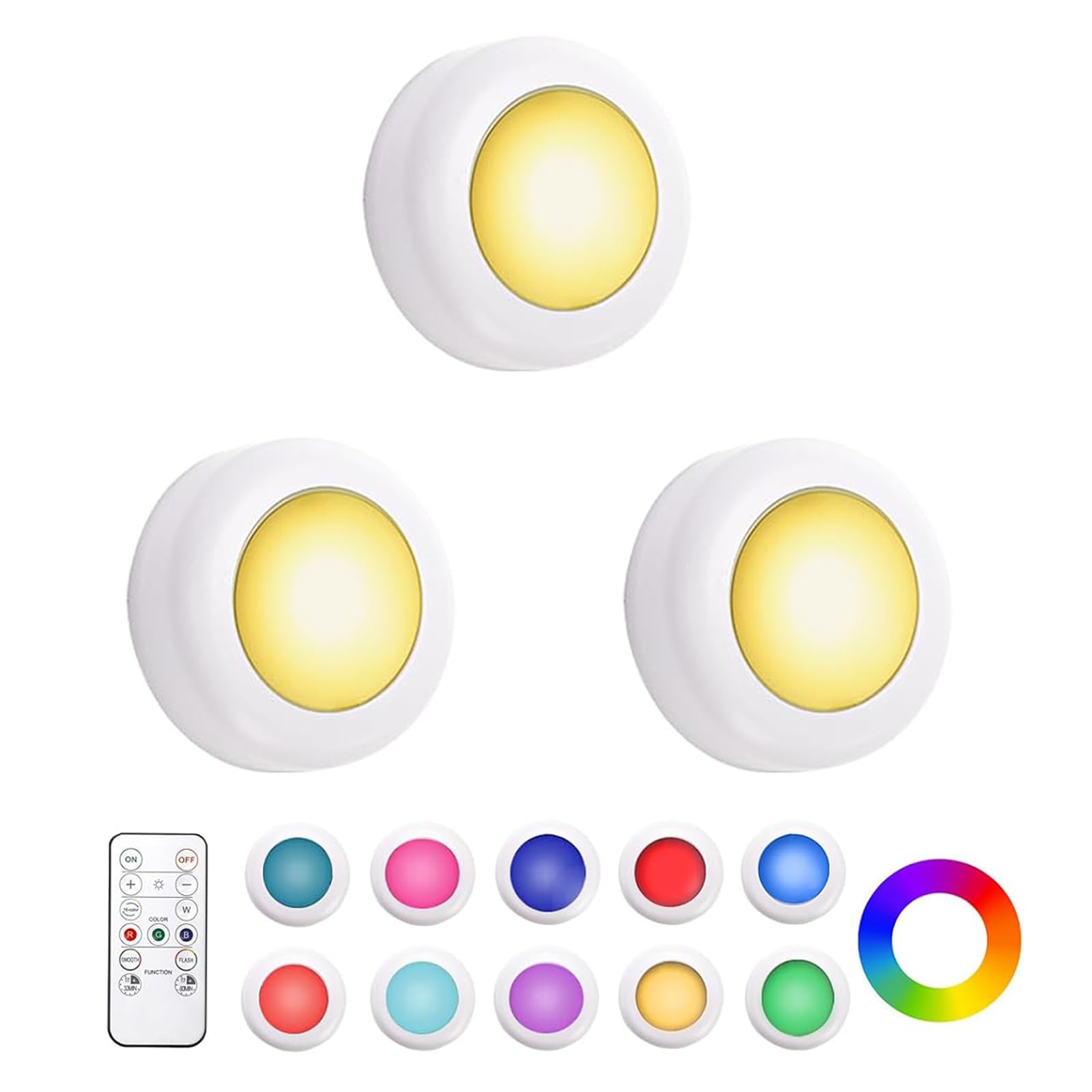 Hbaushun LED Puck Lights 3 Pack,16 Color Changeable Wireless LED Cabinet Lights,Battery Operated Night Light with Dimmer & Timme