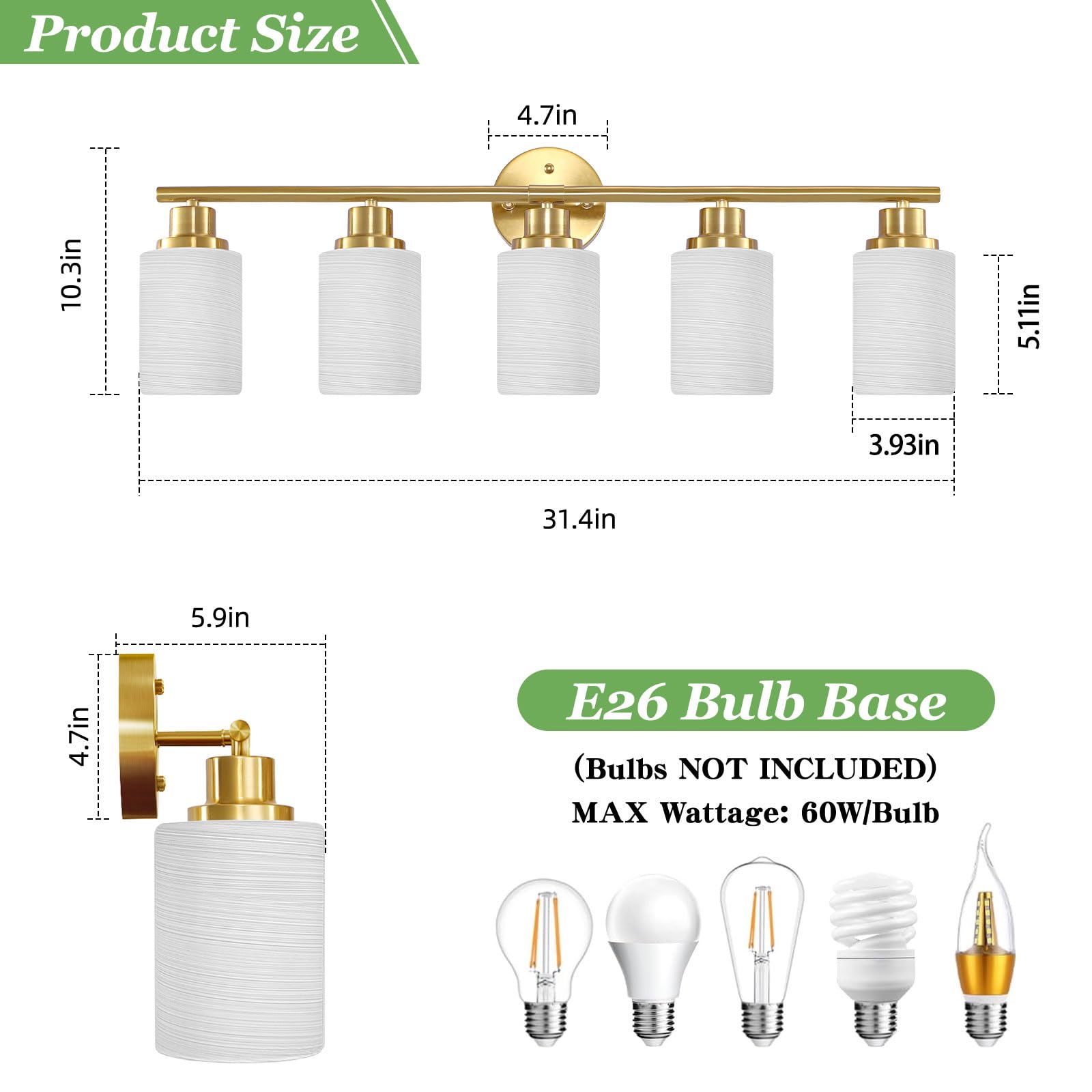 Guliaofo 5-Light Bathroom Light Fixtures, Brushed Gold Vanity Lights Wall Lamp With White Frosted Glass, Vanity Light Fixtures,