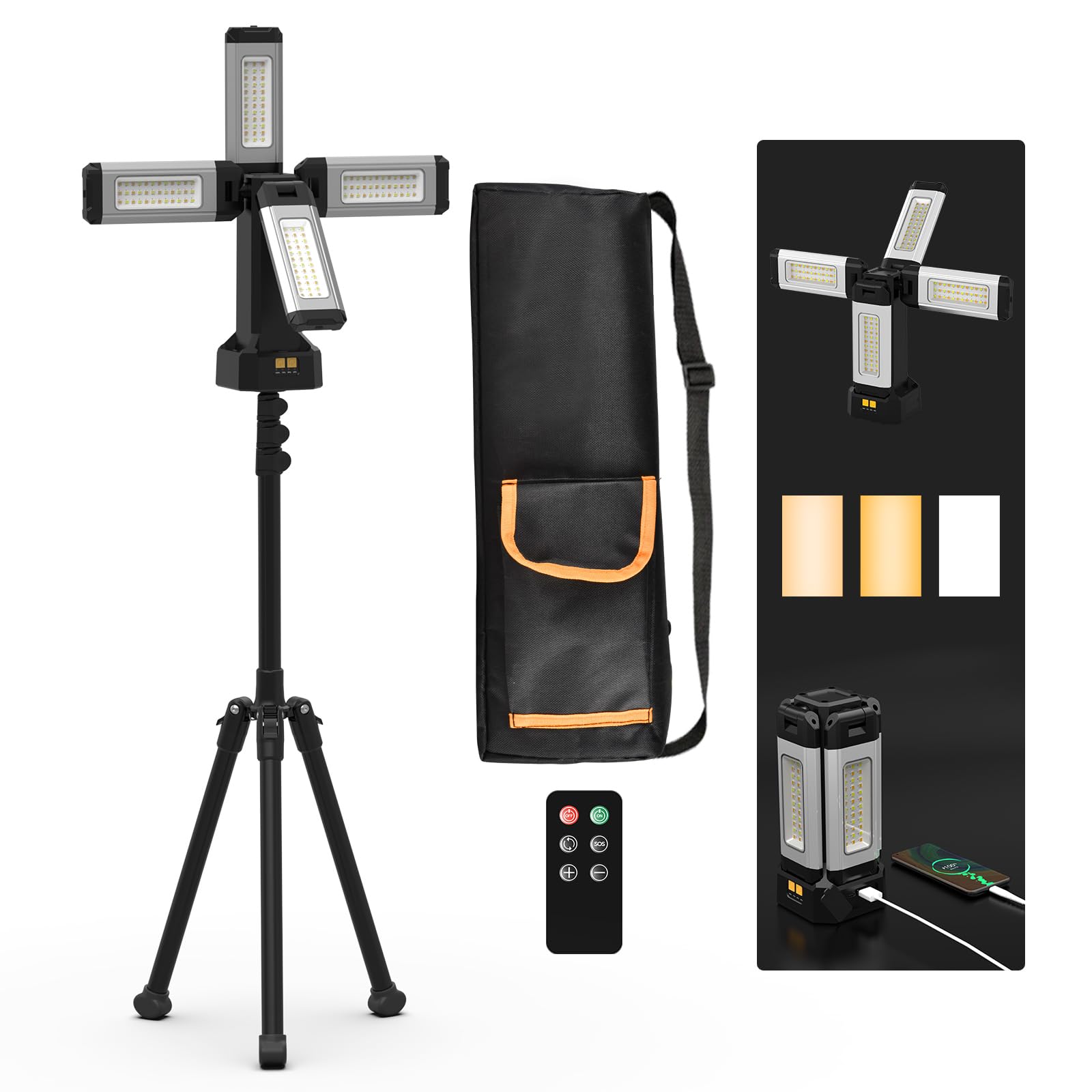 AODOO Upgraded Aluminum13200mAh Rechargeable Work Light with Folding Stand and Carrying Bag, 8000 Lumen Cordless Camping Light,