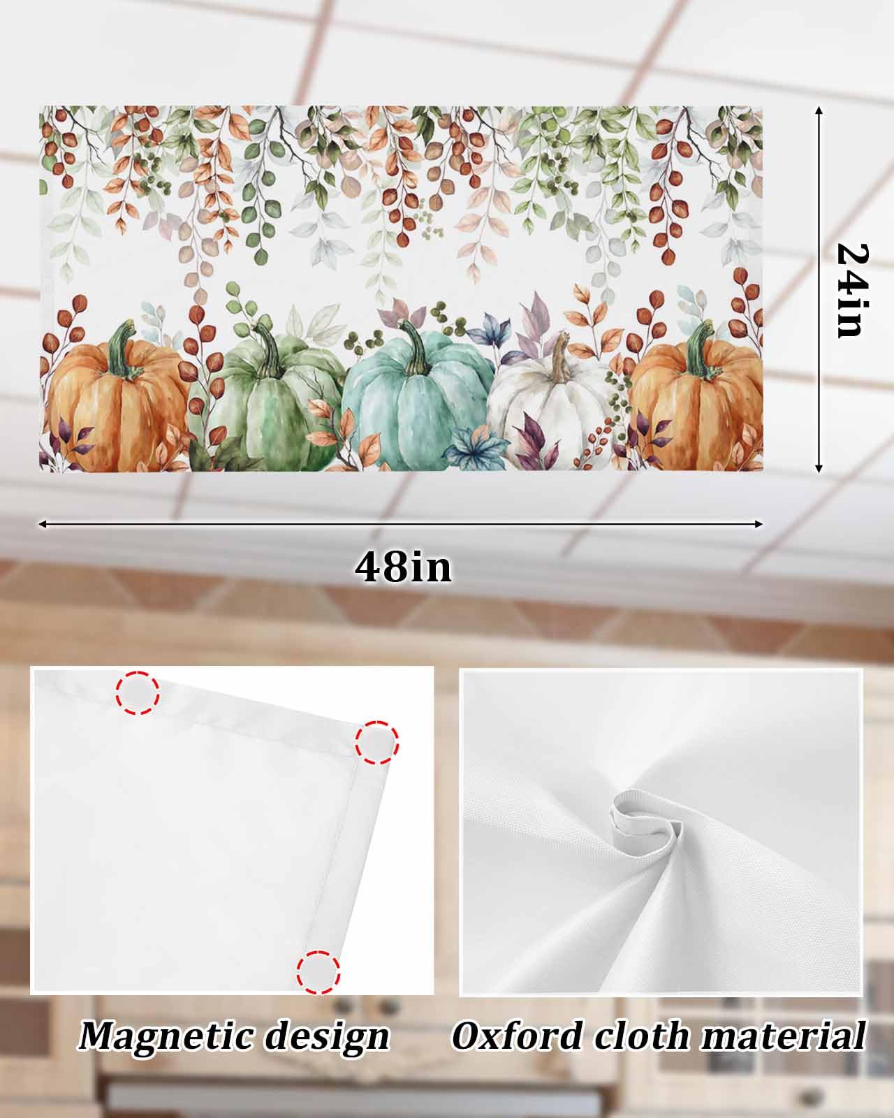 Fall Fluorescent Light Covers For Ceiling Lights Eucalyptus Leaves Magnetic Light Filters 2 Pack 4X2 Ft Sage Green Maple Leaf Pumpkin Thanksgiving Ceiling Lights Cover For Classroom Office Drop Lamp