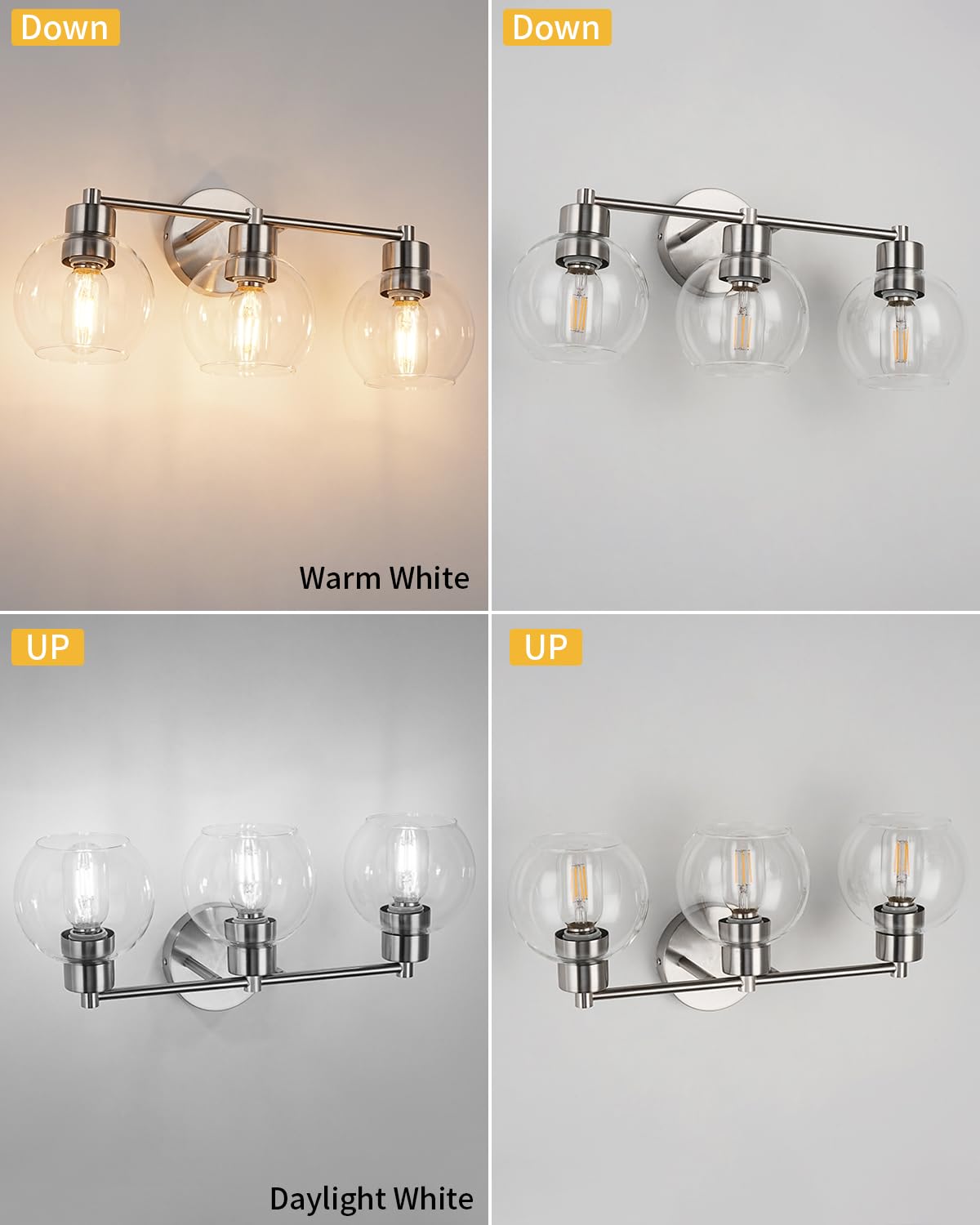 Wilon Brushed Nickel Vanity Lights For Bathroom  3 Light Bathroom Vanity Light With Globe Clear Glass Shades  Silver Bathroom Lighting Fixtures Over Mirror  Modern Bathroom Sconces Wall Lamp
