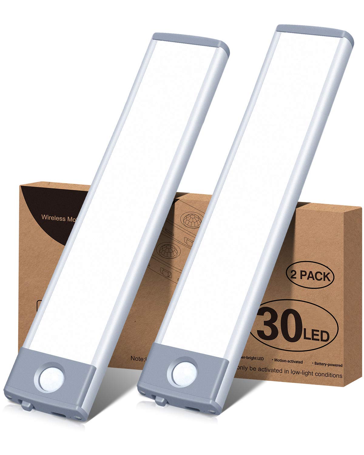 PRIORARE LED Under Cabinet Lighting, Motion Sensor, Wireless, Rechargeable, 30LED, White, 2-Pack, Model SMD2835