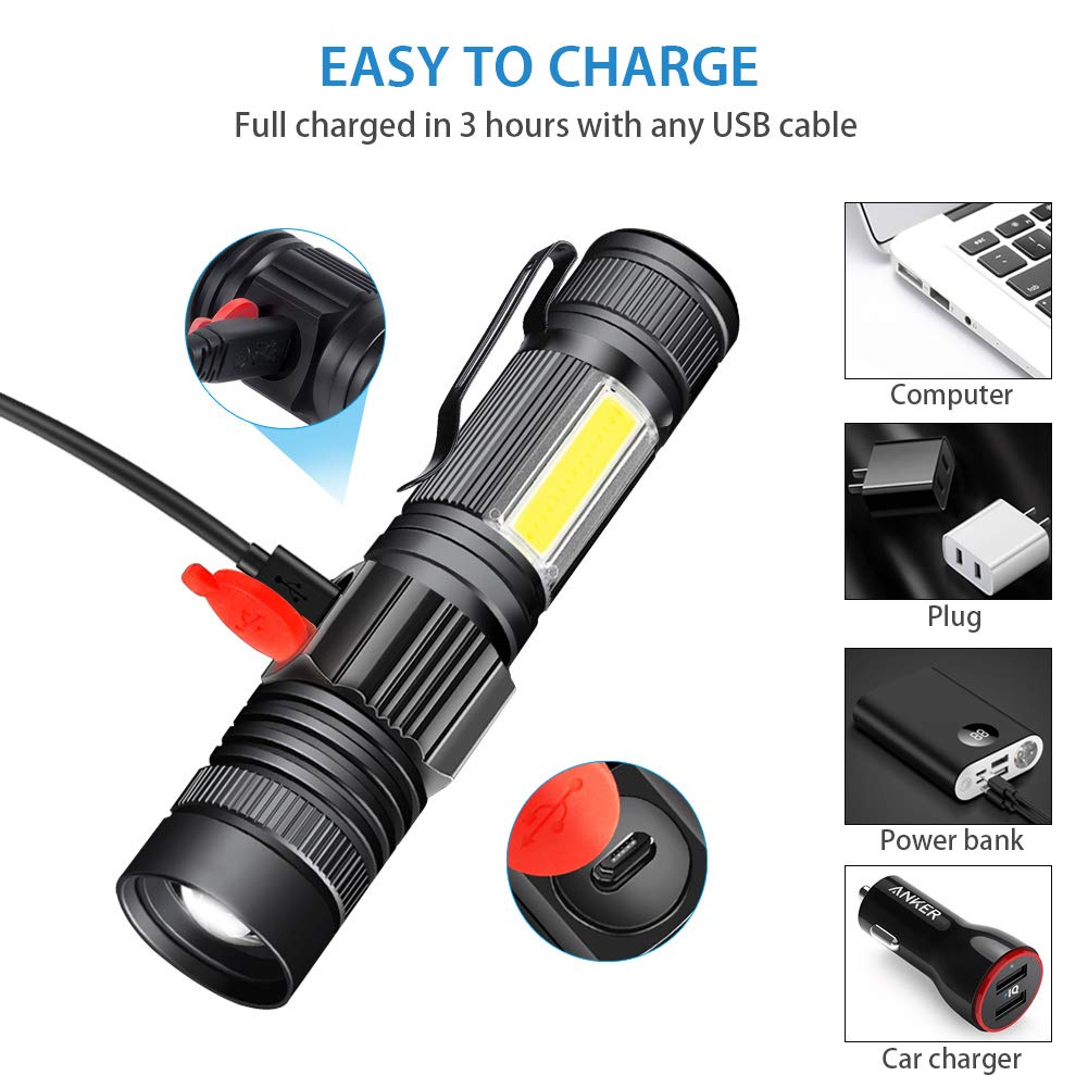 Spriak Rechargeable LED Flashlight, Super Bright, USB, Zoomable, Waterproof, 4.7 In, Black, Model SDT-USB006-P2