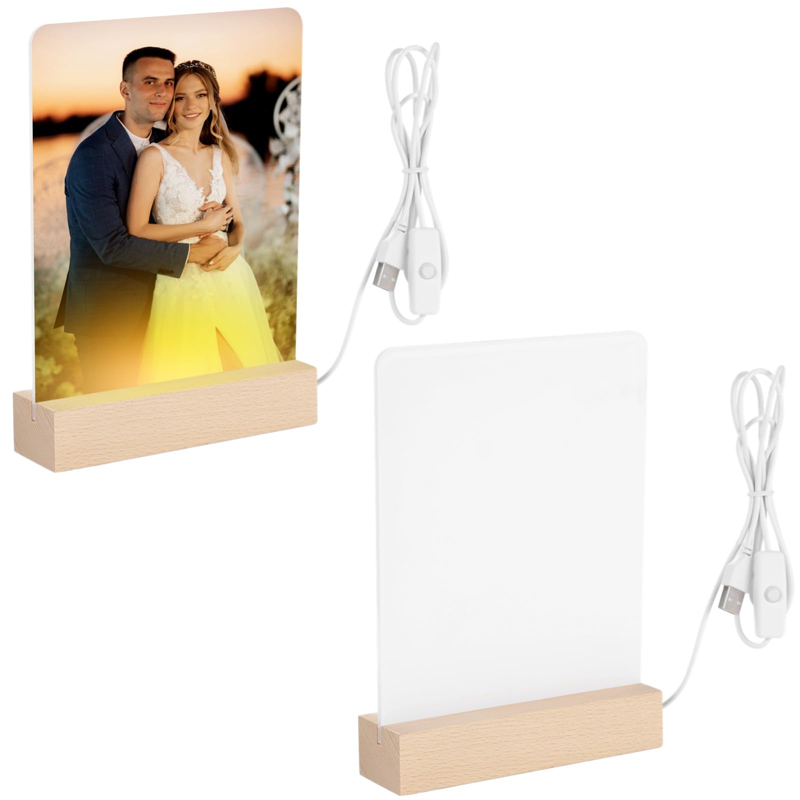 Homaisson 2 PCS Sublimation Acrylic Photo Frames, 6 x 7.5 in LED Light Panels with Wood Base, Warm Yellow Night Light USB Powere