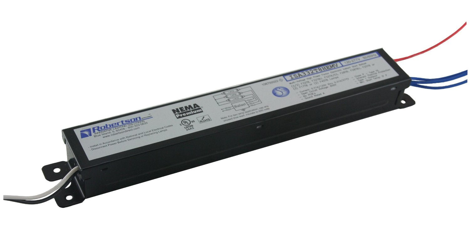 Robertson Fluorescent eBallasts for 3 F32T8 Lamps, Instant Start, 120-277Vac, 10-Pack, Metal, Black